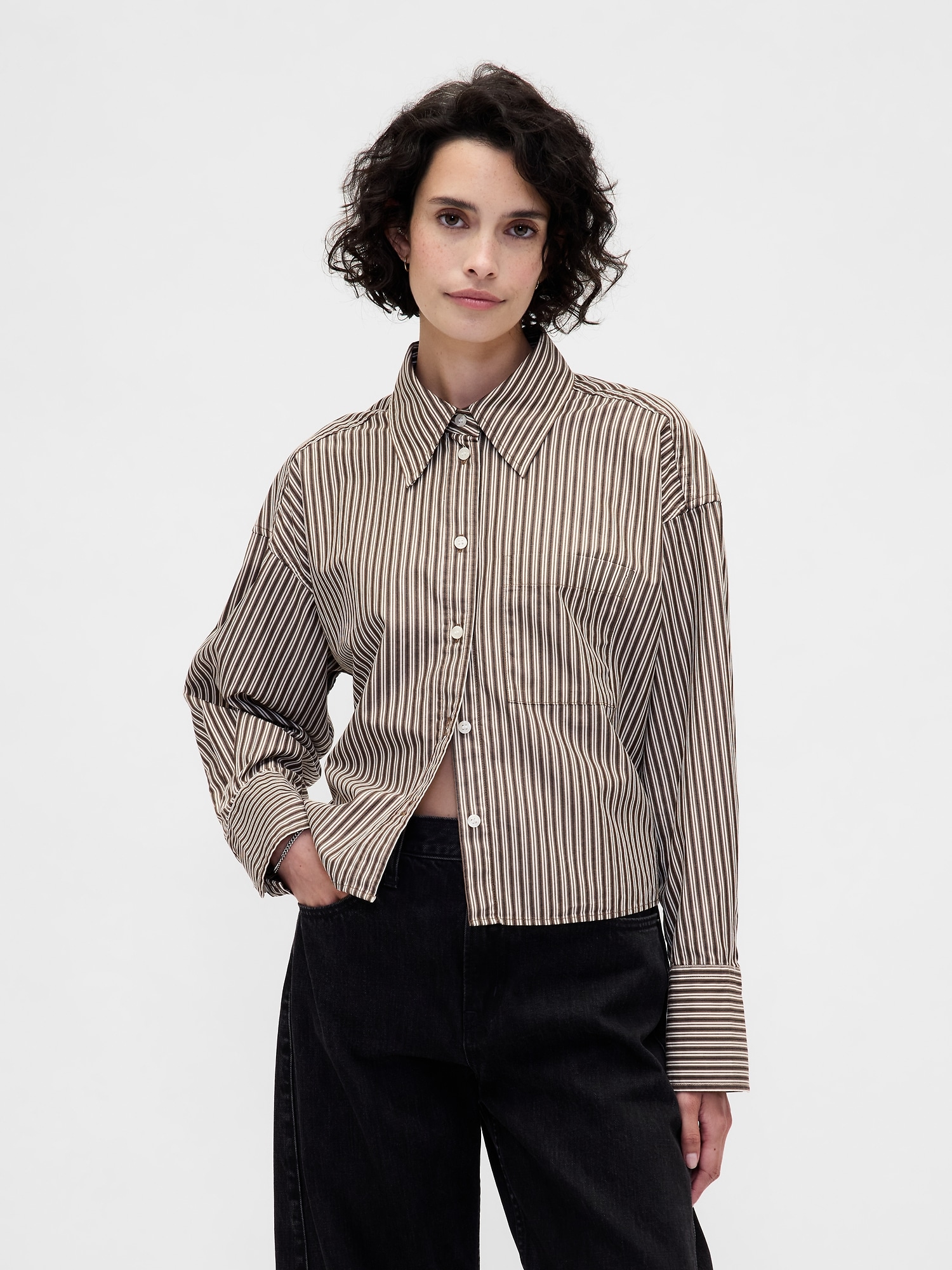 Organic Cotton Straight-Hem Crop Shirt - Brown Stripe