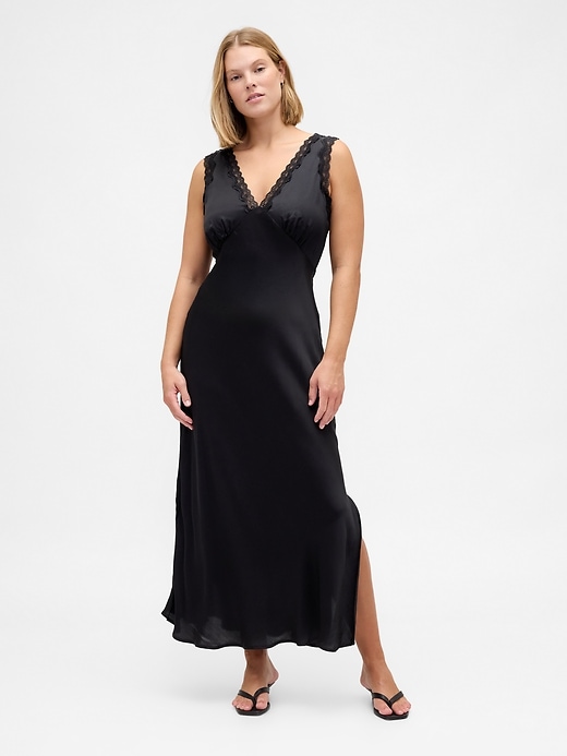 Image number 5 showing, Satin Lace-Trim V-Neck Maxi Slip Dress