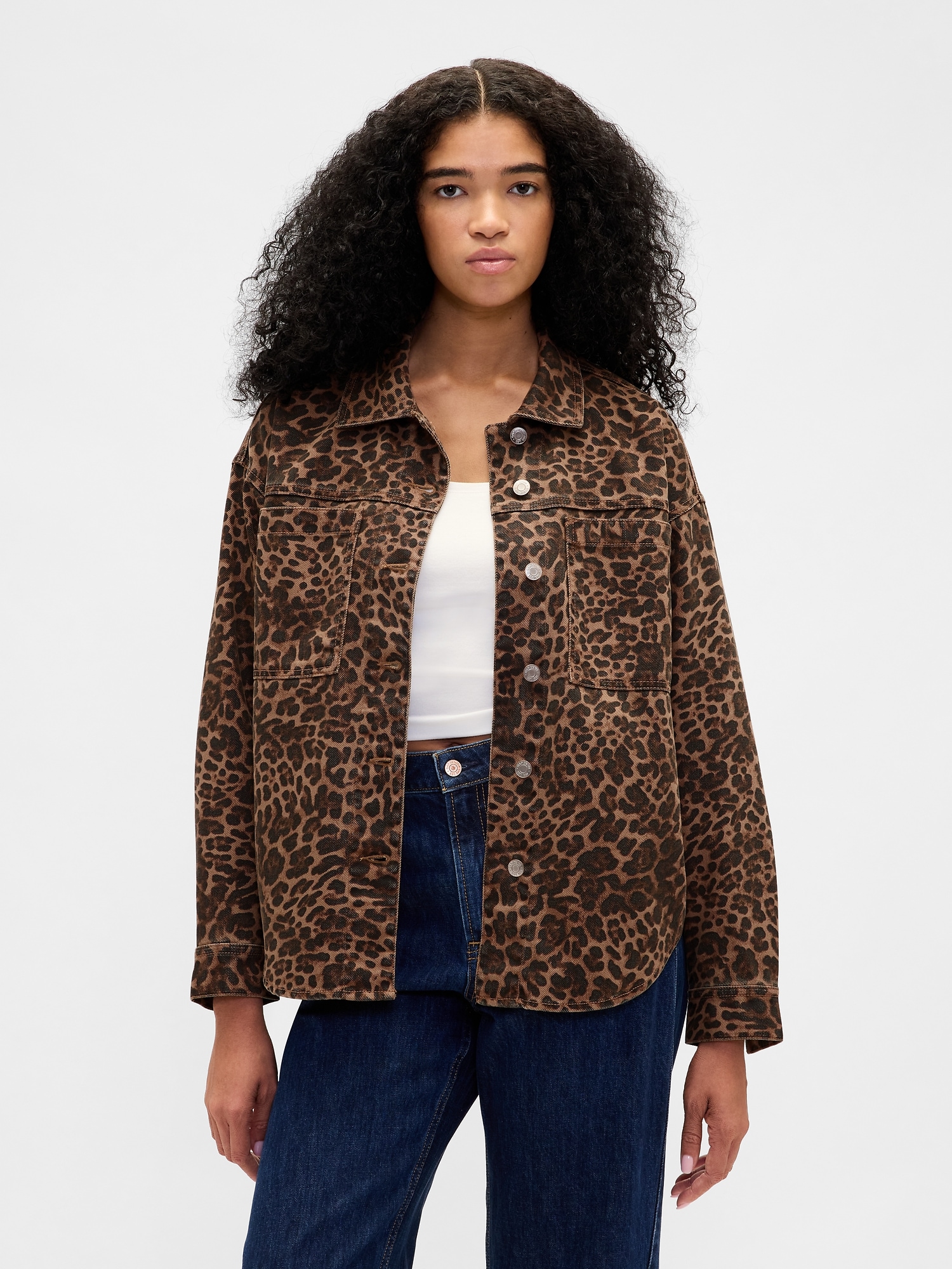UltraSoft Leopard Denim Shirt Jacket - Brown Leopard Print