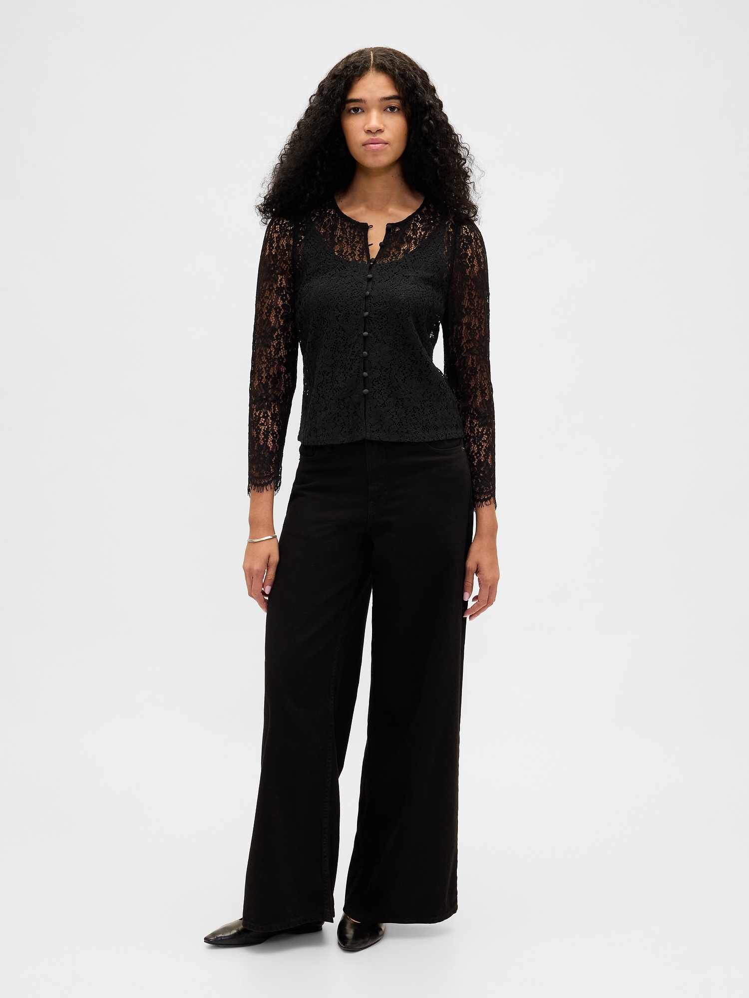 Lace Button-Front Top - Black - View 20