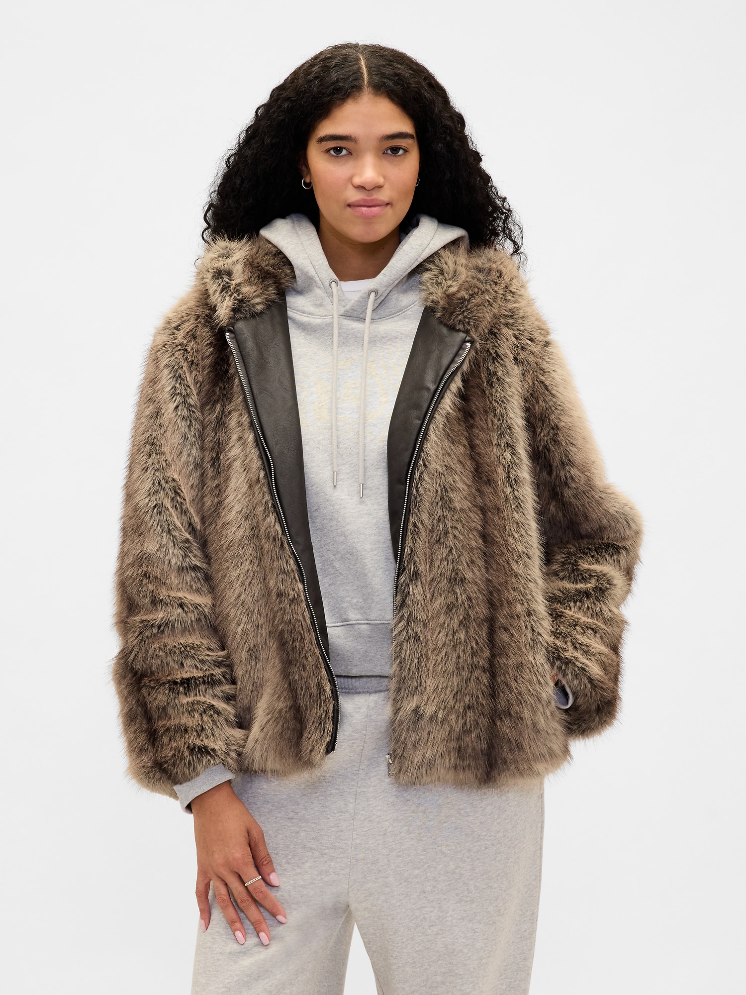 Gap Faux Fur Relaxed Zip Hoodie In Brown