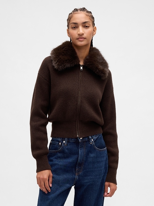 Image number 1 showing, CashSoft Faux-Fur Collar Zip Cardigan Sweater