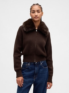 CashSoft Faux-Fur Collar Zip Cardigan Sweater