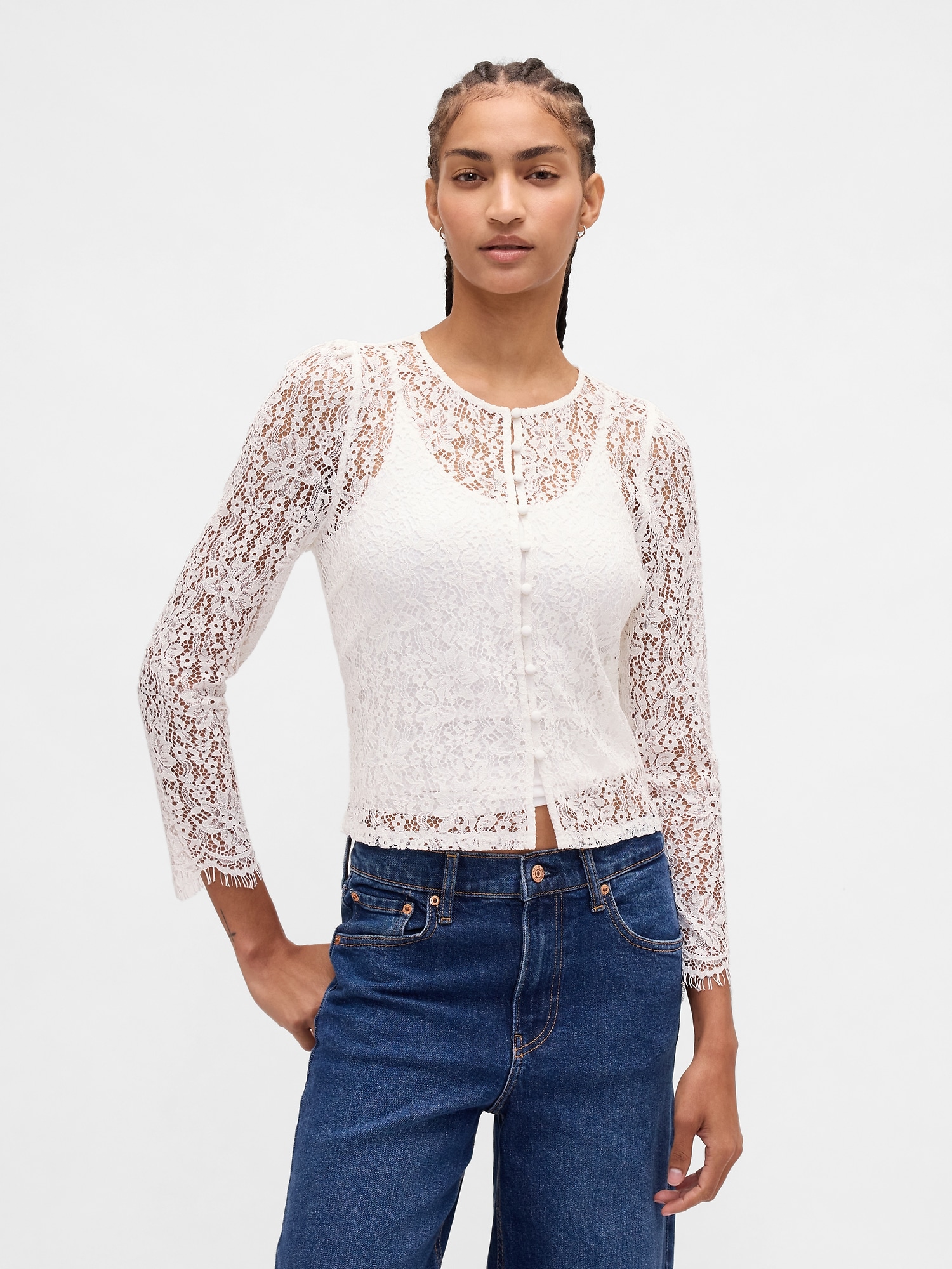 Lace Button-Front Top - Antique White