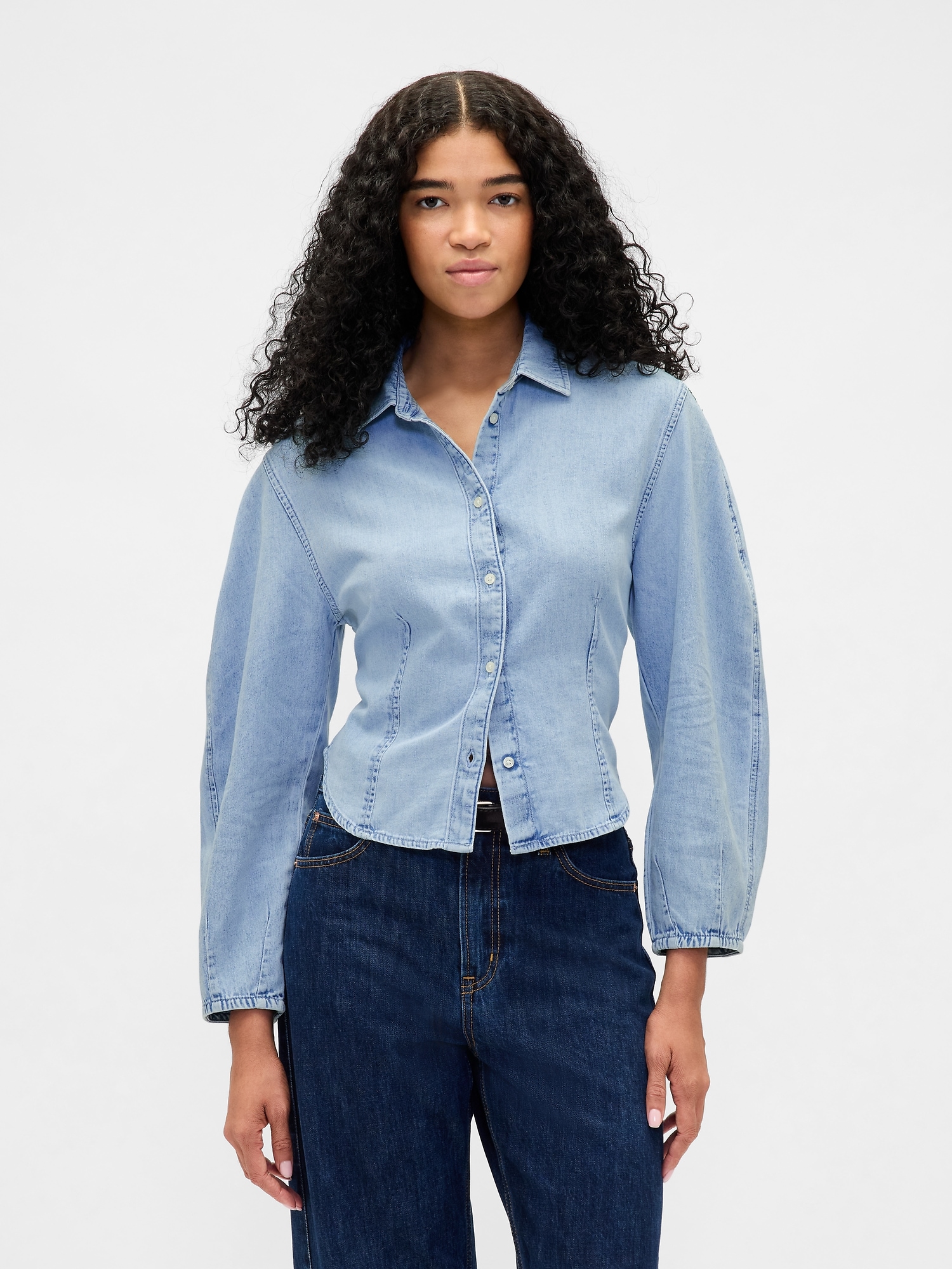 Denim Balloon-Sleeve Shirt - Light Wash