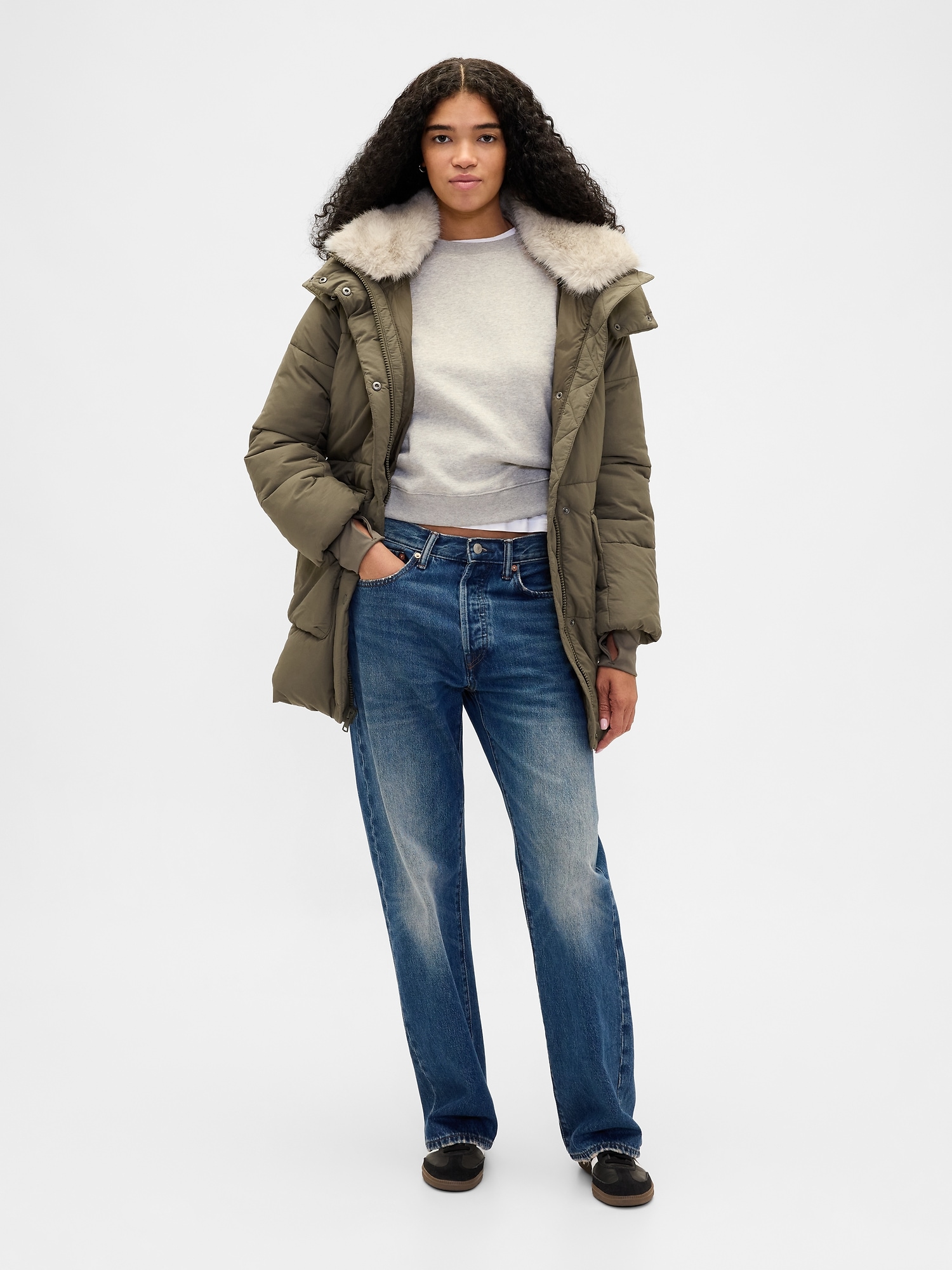 Faux Fur-Trim Midi Puffer Jacket