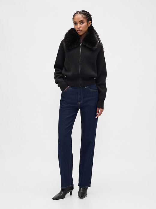 Image number 2 showing, CashSoft Faux-Fur Collar Zip Cardigan Sweater