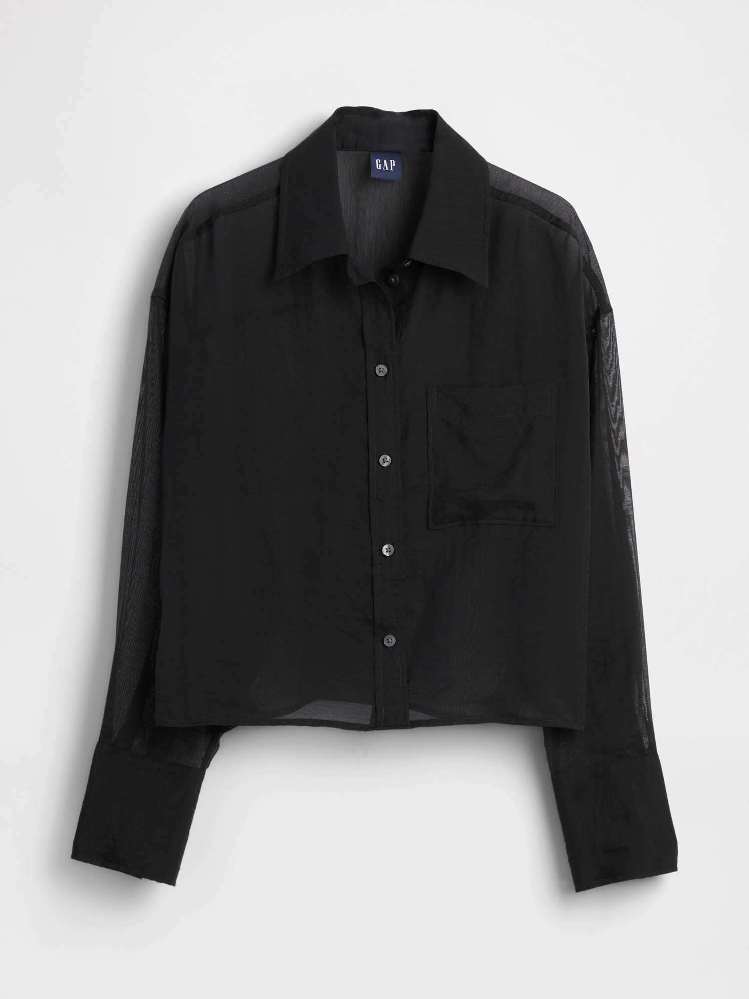 Женская рубашка Gap Sheer Straight-Hem Crop Shirt, цвет: Насыщенный чёрный — фото 4