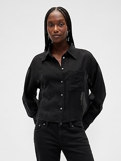 Sheer Straight-Hem Crop Shirt