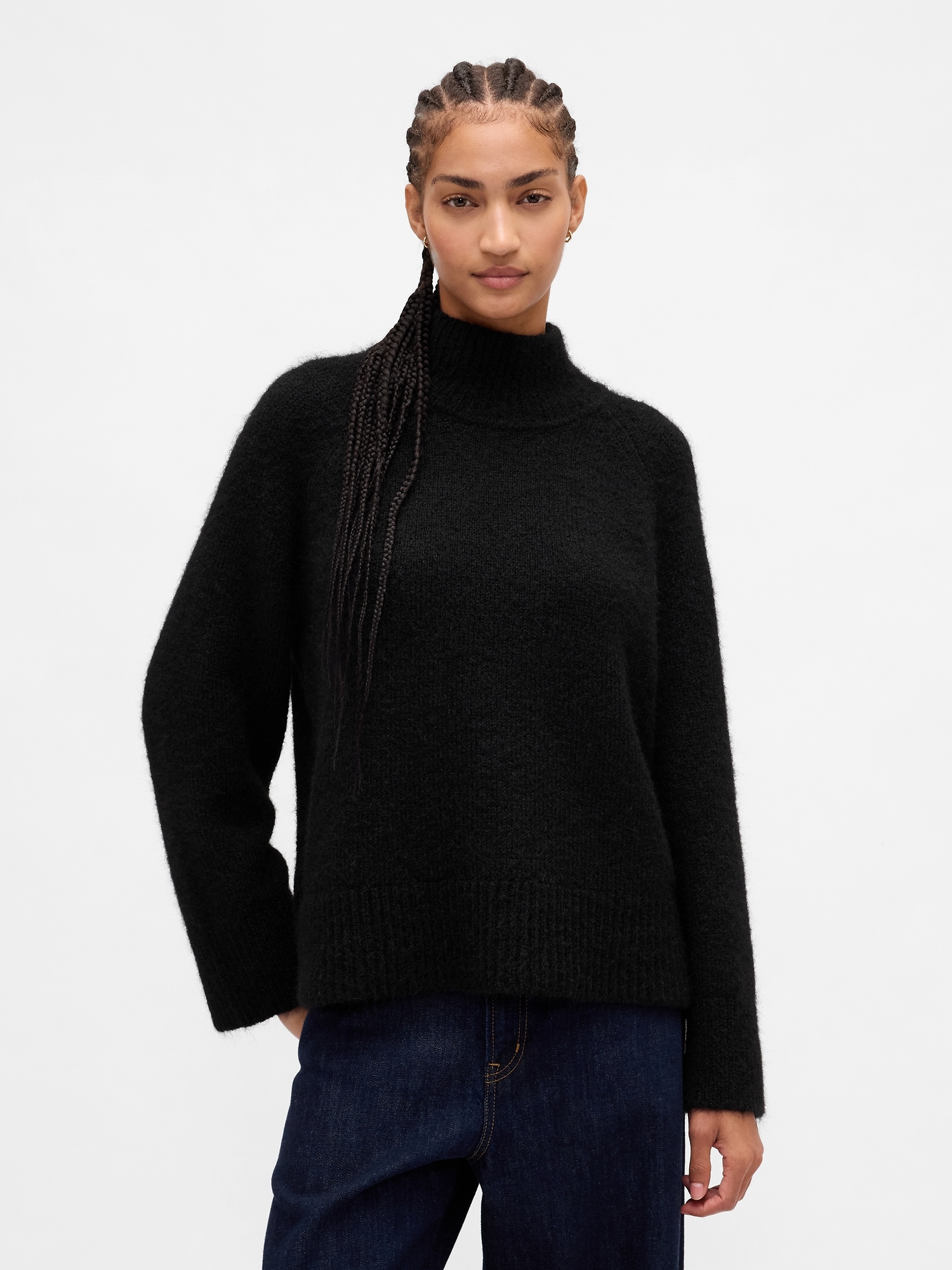 Fuzzy Oversized Turtleneck Sweater - Black
