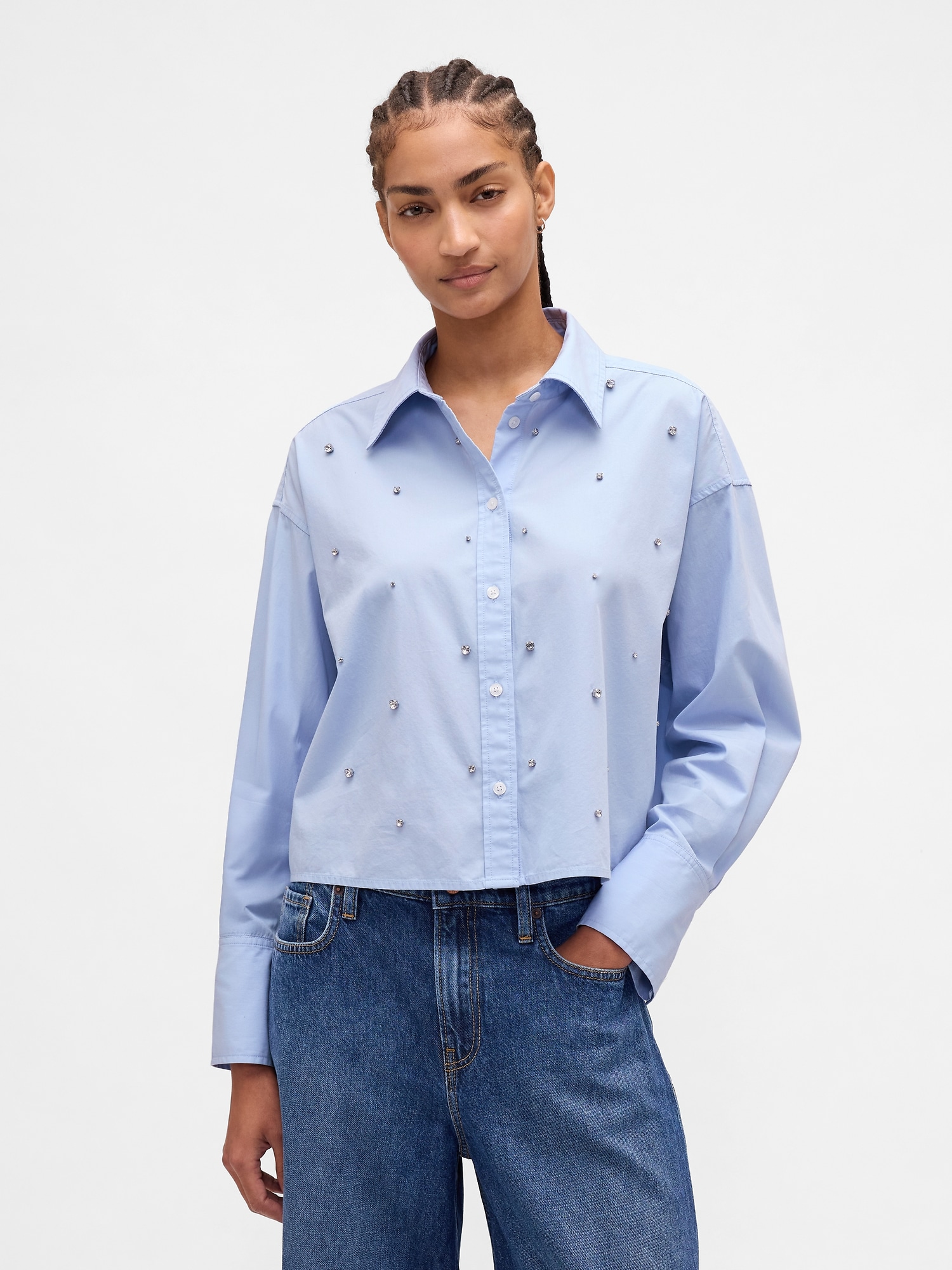 Organic Cotton Embellished Straight-Hem Crop Shirt - Shirting Blue