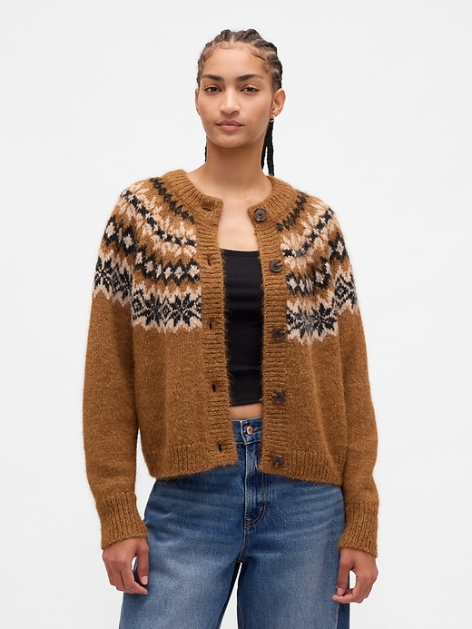Image number 1 showing, Fuzzy Fair Isle Cardigan Sweater