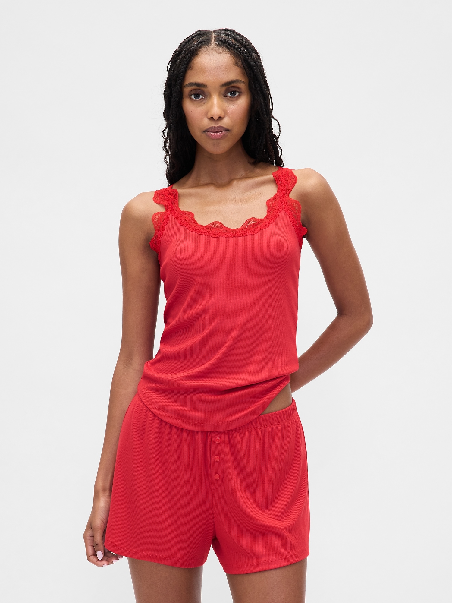 Mini Rib Lace PJ Tank Top - Modern Red