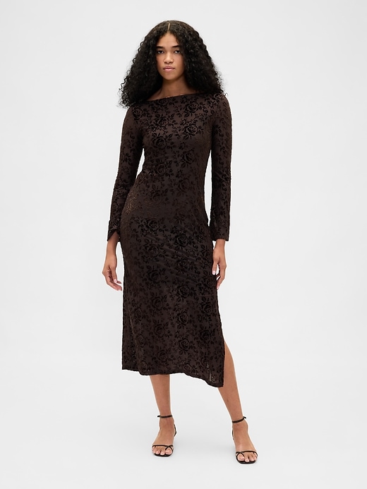 Burnout Velvet Bell-Sleeve Midi Dress