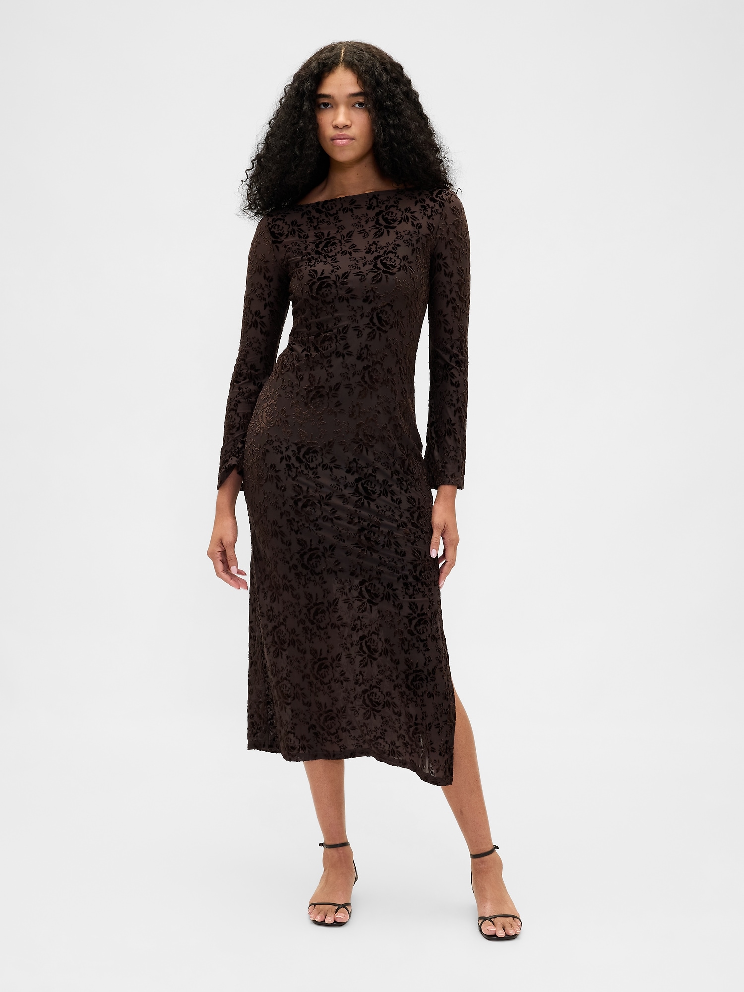 Gap Burnout Velvet Bell-sleeve Midi Dress In Brown