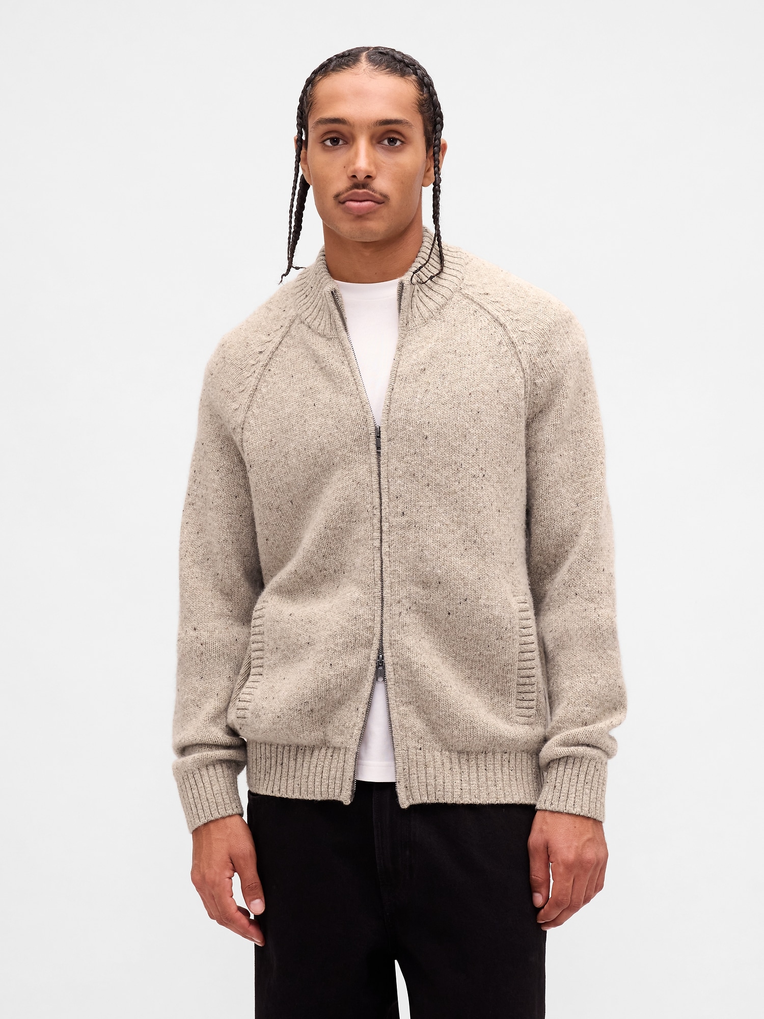 Wool-Blend Zip Cardigan Sweater - Oatmeal Donegal