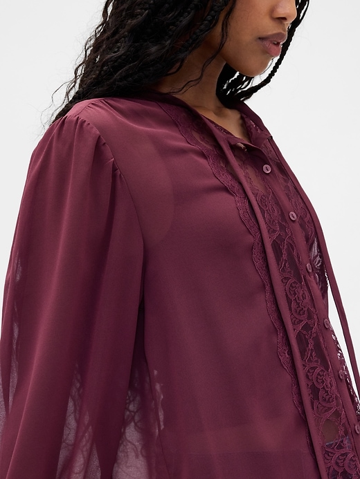 Image number 4 showing, Sheer Recycled Lace Inset Tie-Neck Top