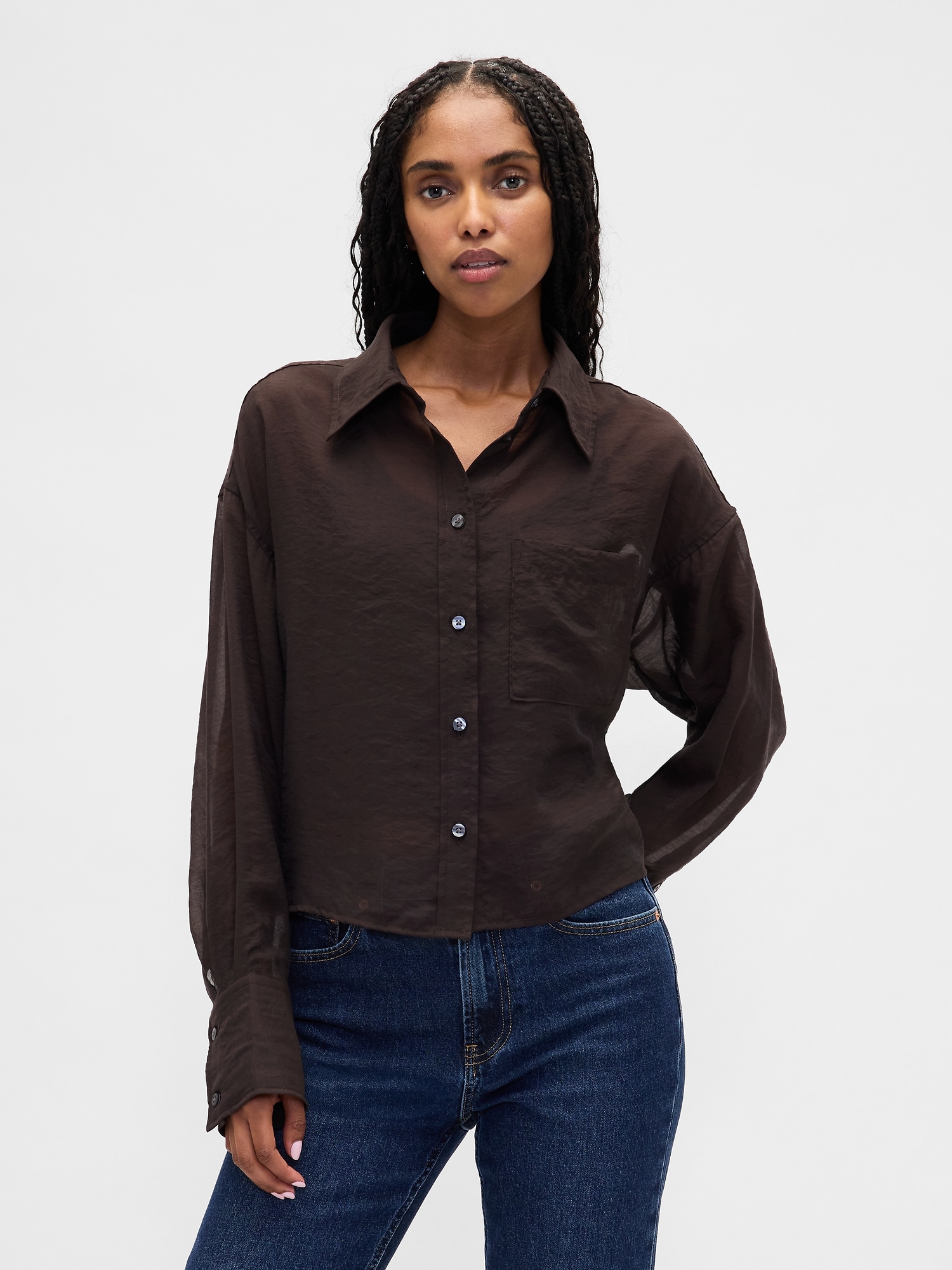 Sheer Straight-Hem Crop Shirt - Terra Brown