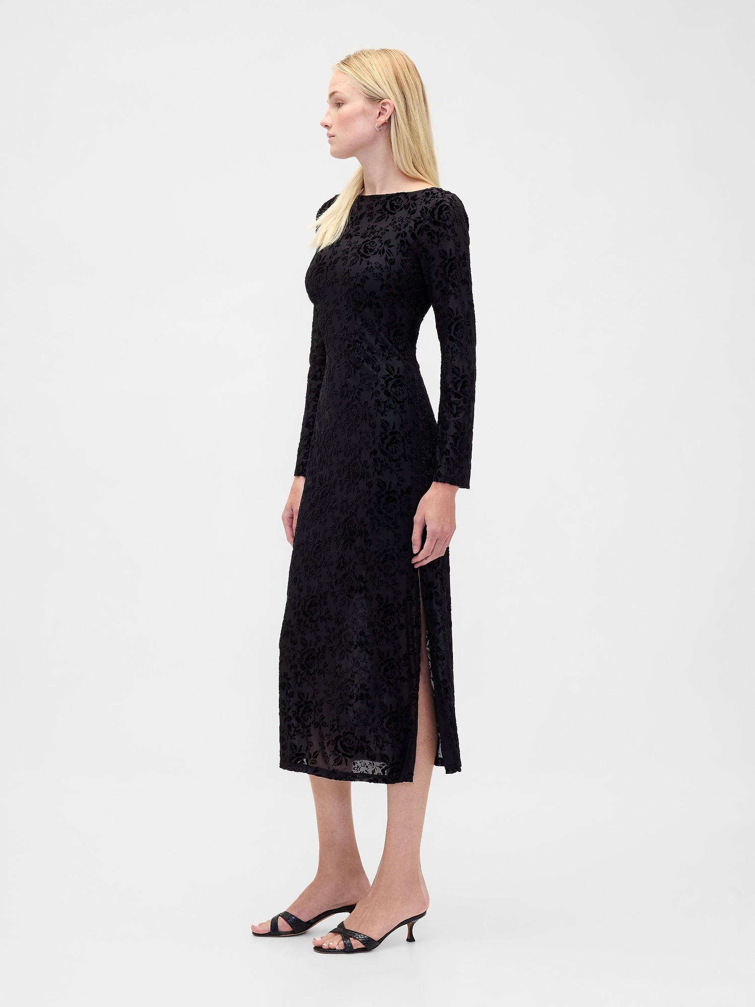 Burnout Velvet Bell-Sleeve Midi Dress