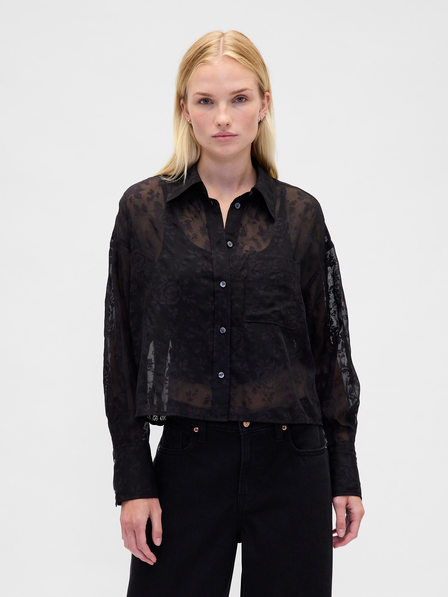 Sheer Straight-Hem Crop Shirt - Black Floral