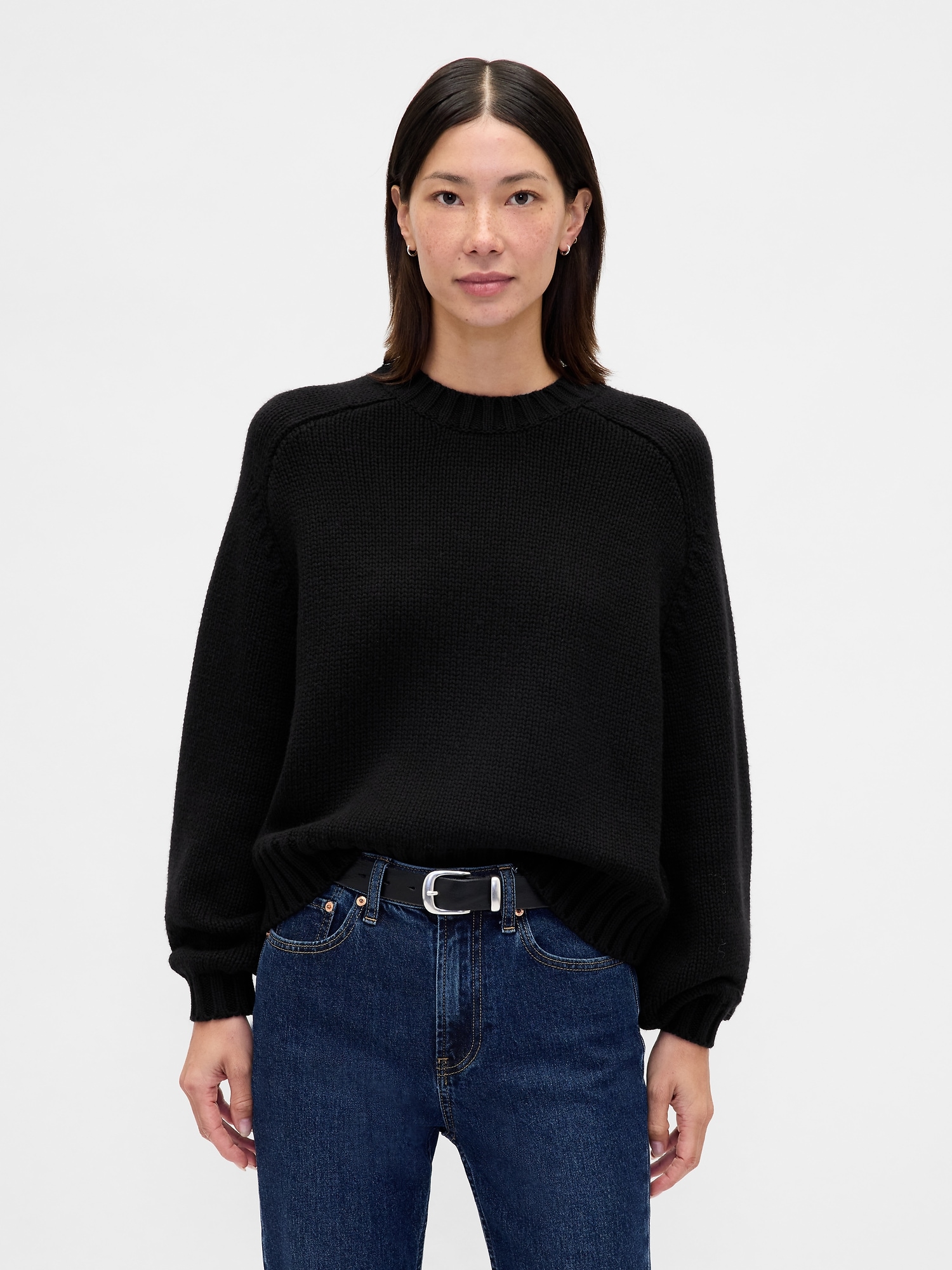 Relaxed Saddle-Sleeve Crewneck Sweater - Black