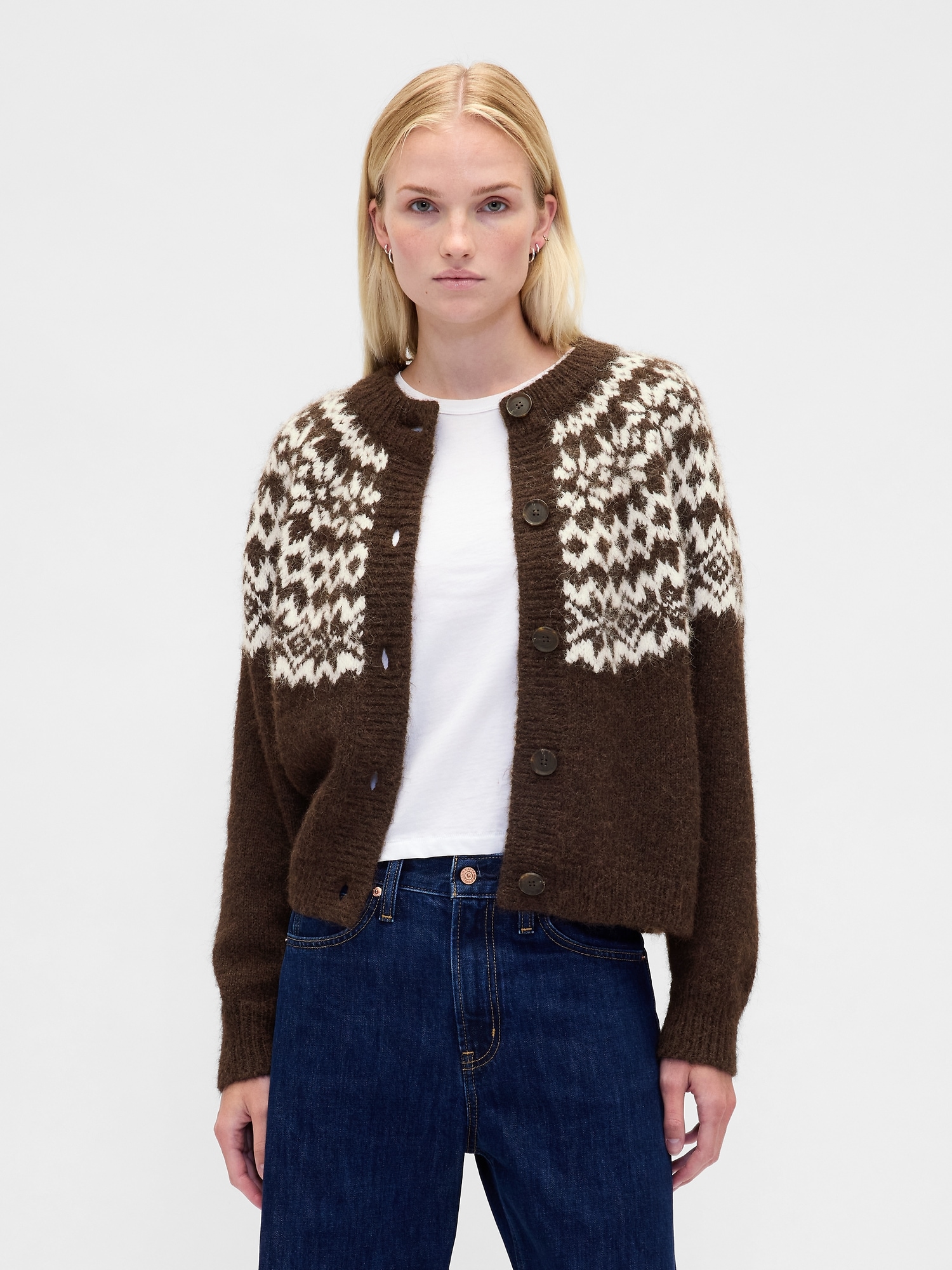 Gap Fuzzy Fair Isle Cardigan Sweater In Brown