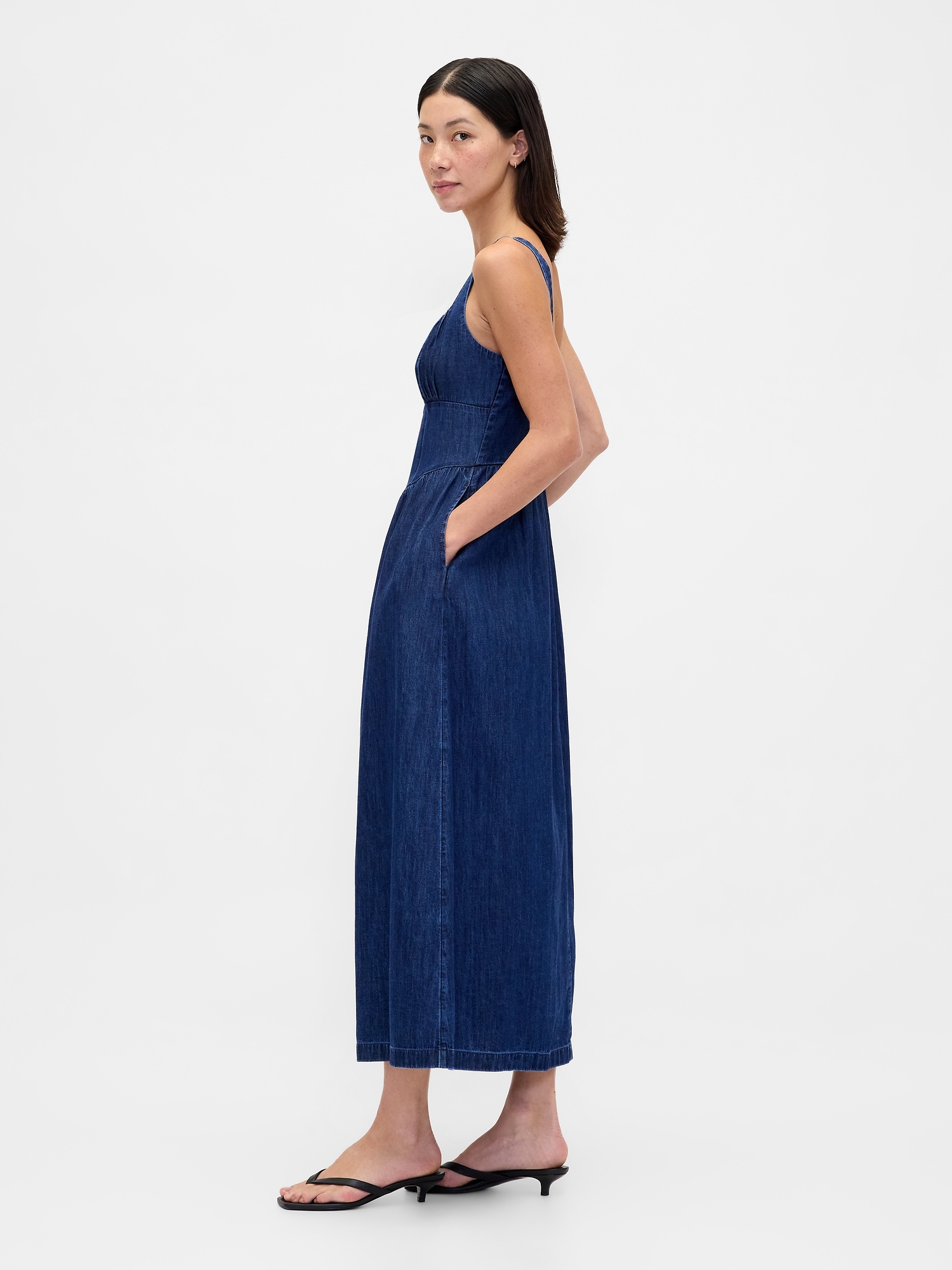 Denim Drop-Waist Corset Midi Dress - Blue - View 27