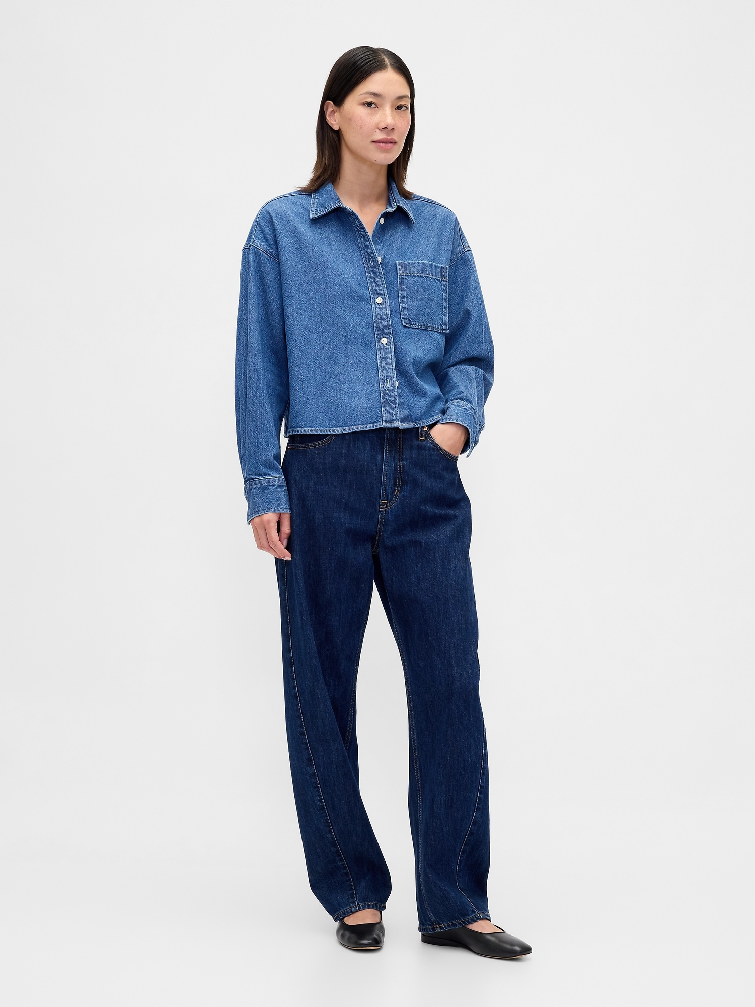 UltraSoft Denim Oversized Straight-Hem Crop Shirt