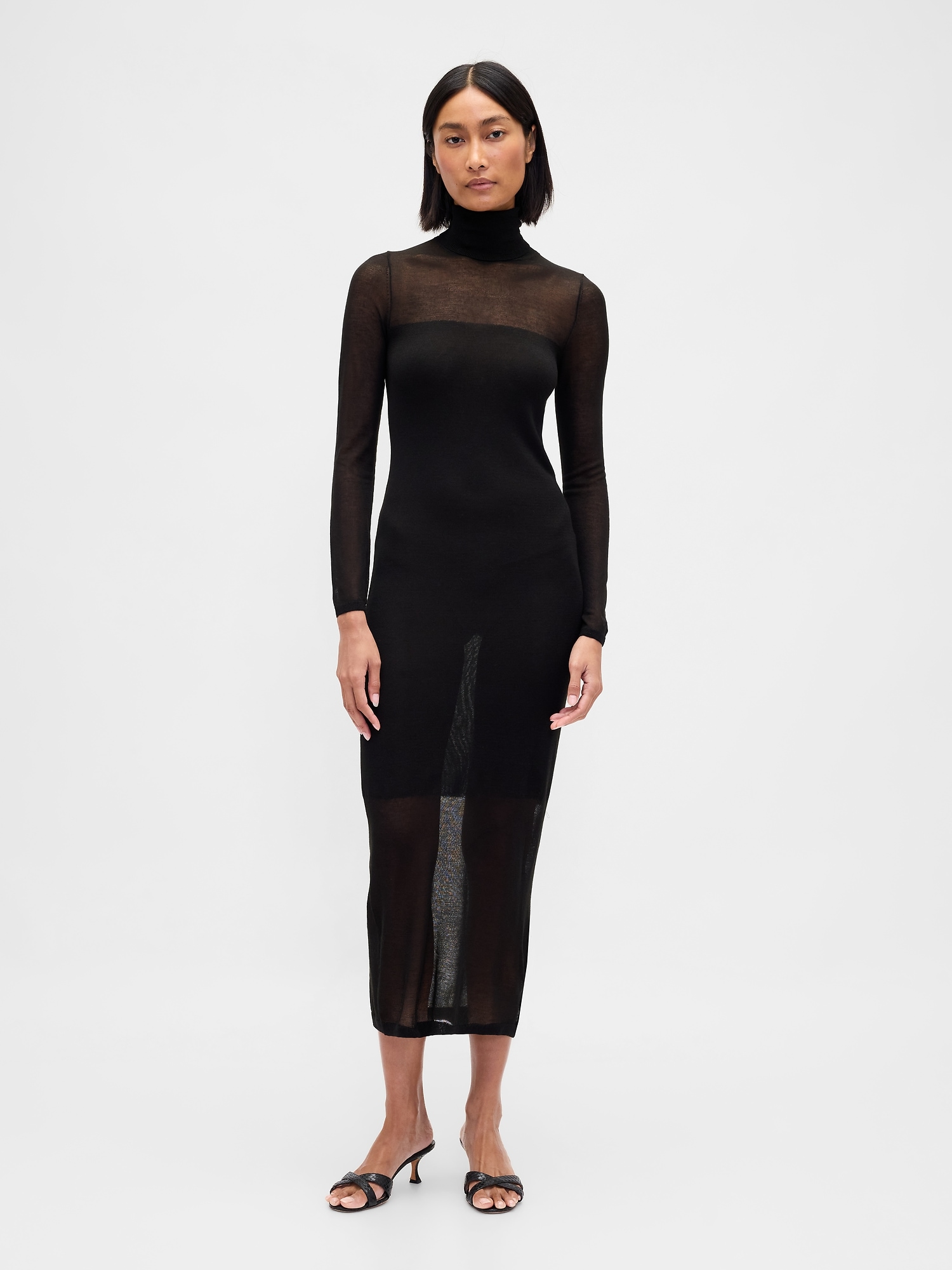 Sheer Turtleneck Maxi Sweater Dress - True Black