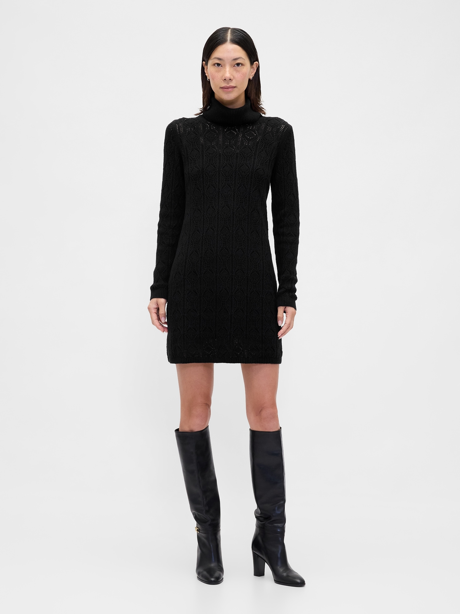 CashSoft Pointelle Turtleneck Sweater Dress - True Black