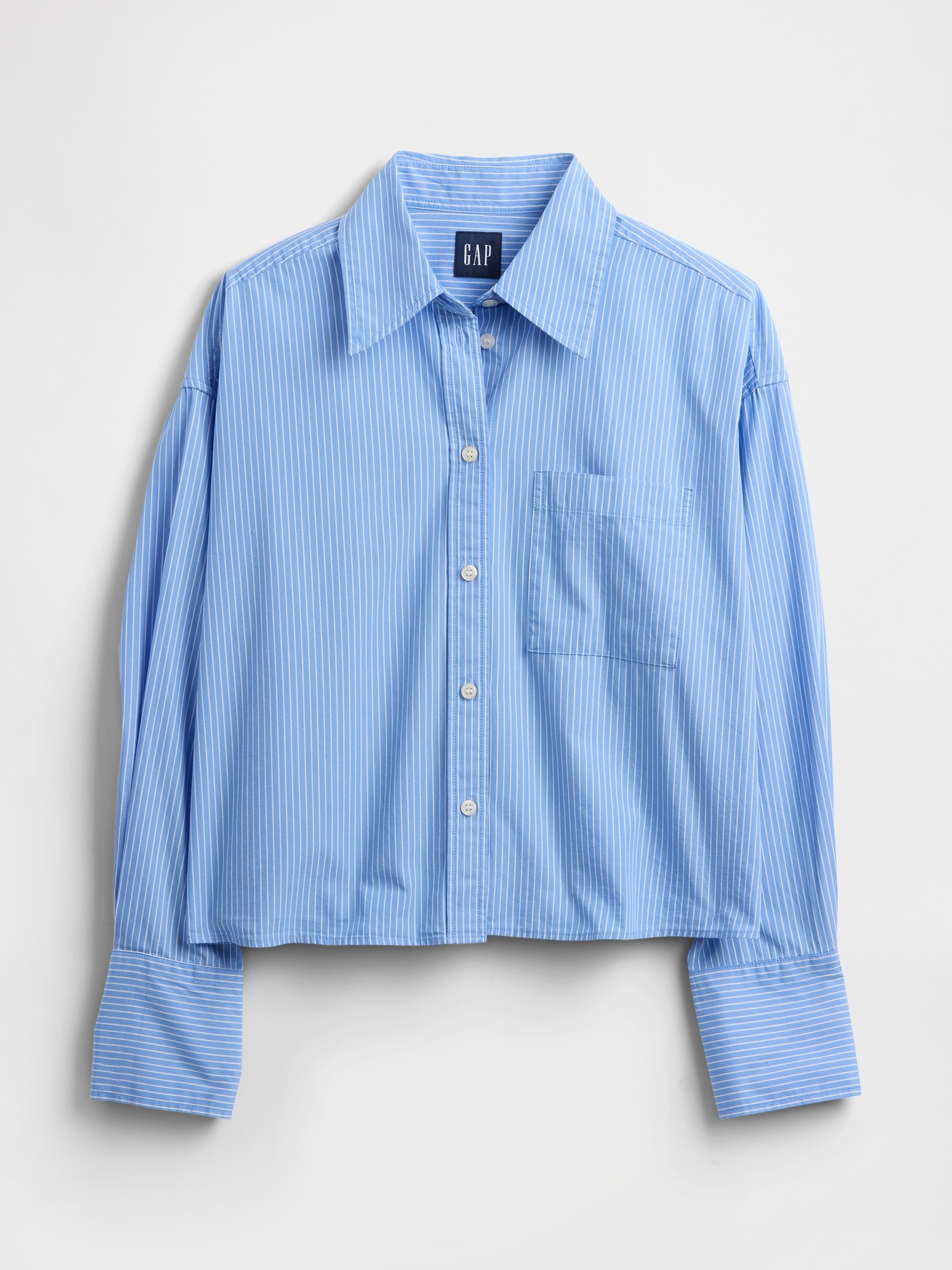 Женская рубашка Gap Organic Cotton Embellished Straight-Hem Crop Shirt, цвет: Синий / Белый — фото 4