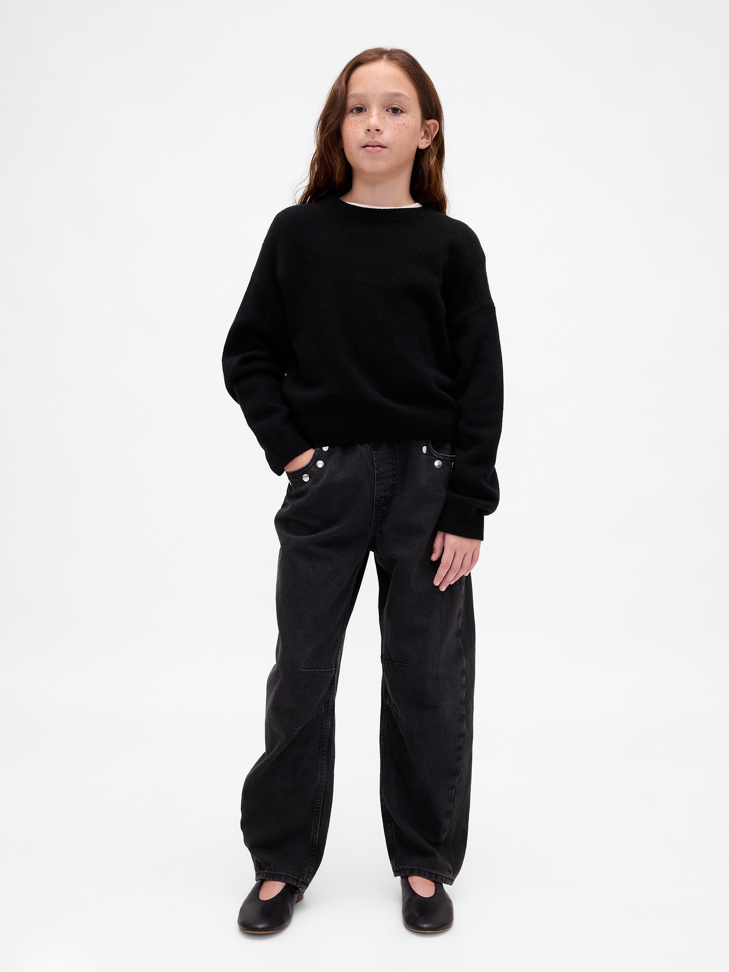 Kids High Rise Studded Easy Barrel Jeans - Black Wash