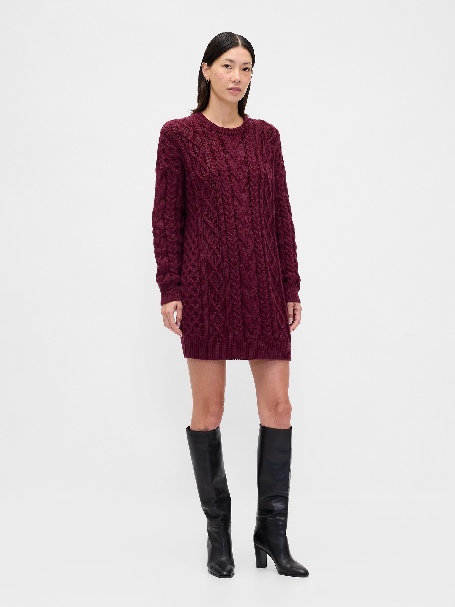 Cable-Knit Mini Sweater Dress - Tuscan Red