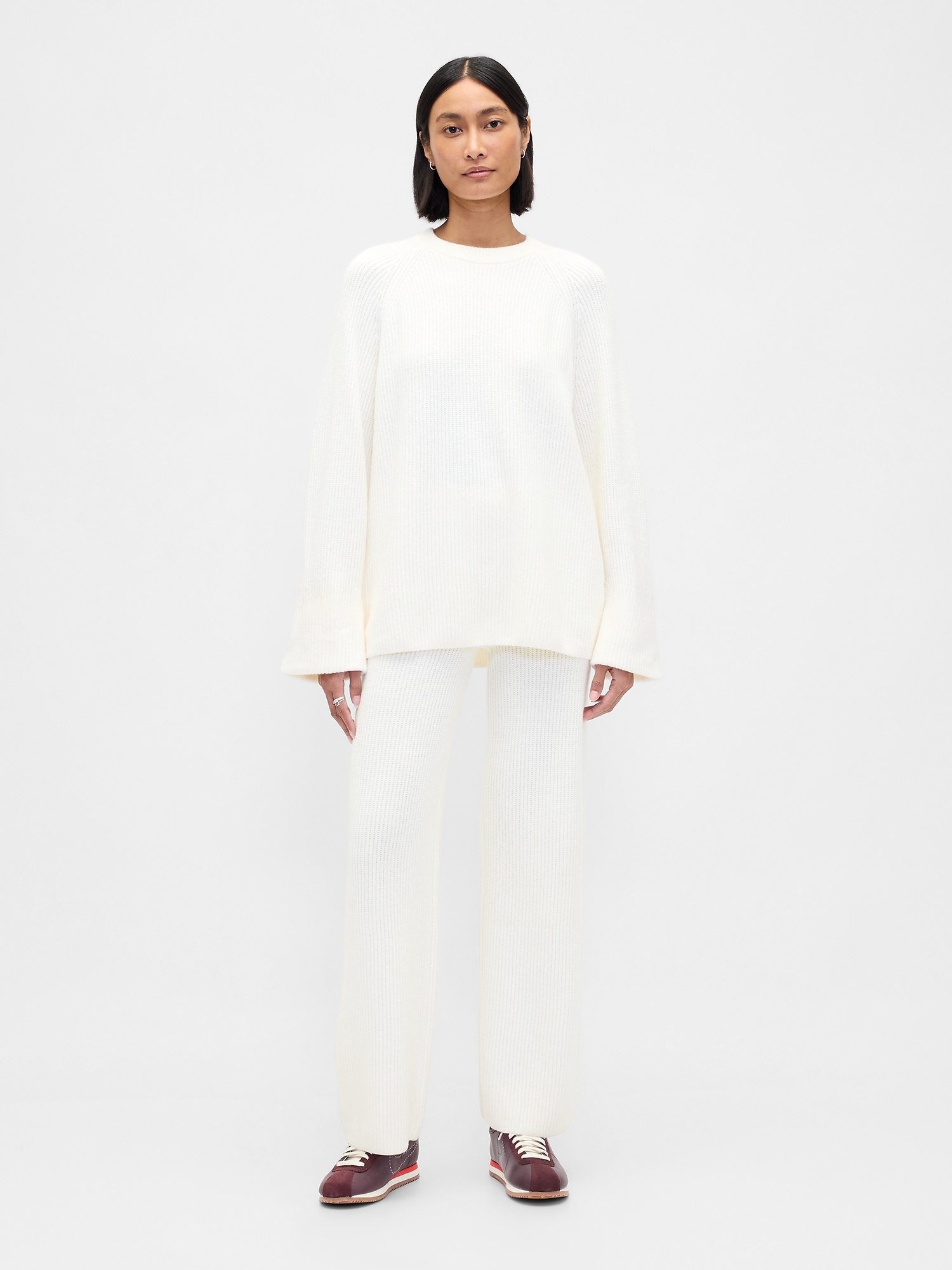 CashSoft Shaker-Stitch Sweater Pants - Ivory Beige Frost