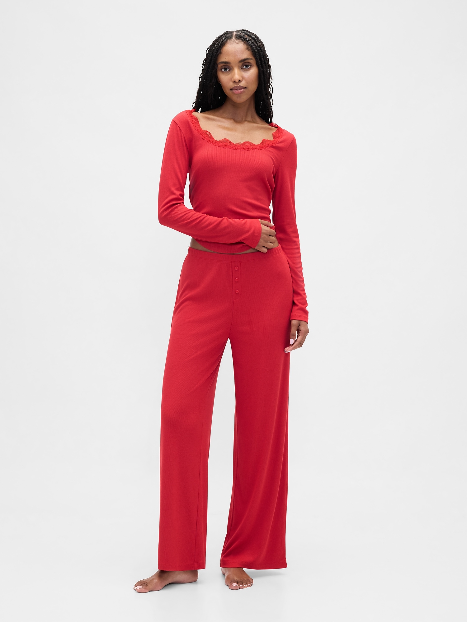 Mini Rib Wide-Leg PJ Pants - Modern Red