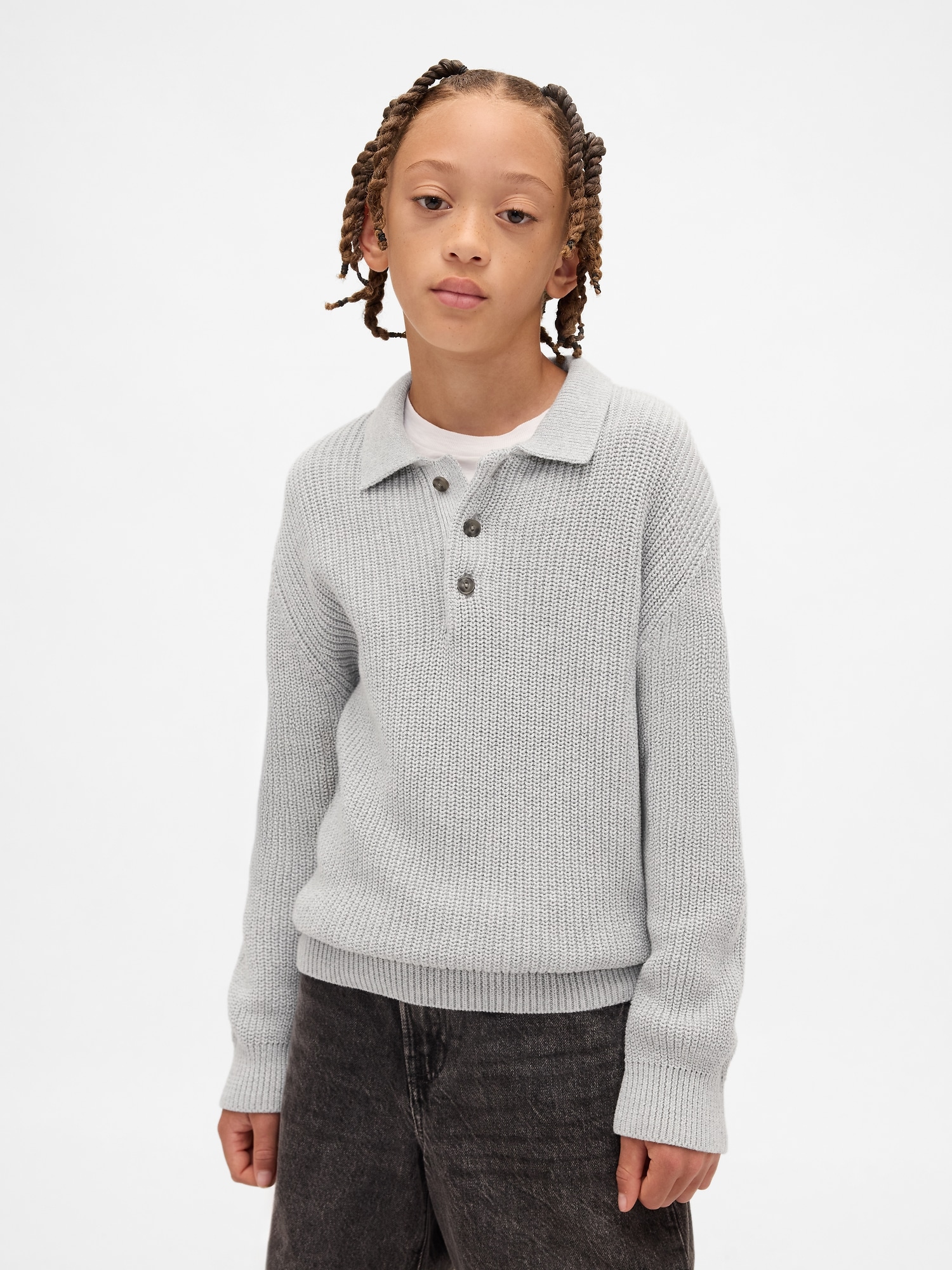 Kids Polo Sweater - Light Grey Heather