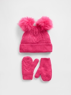 Baby & Toddler Cable-Knit Pom Beanie & Mittens Set
