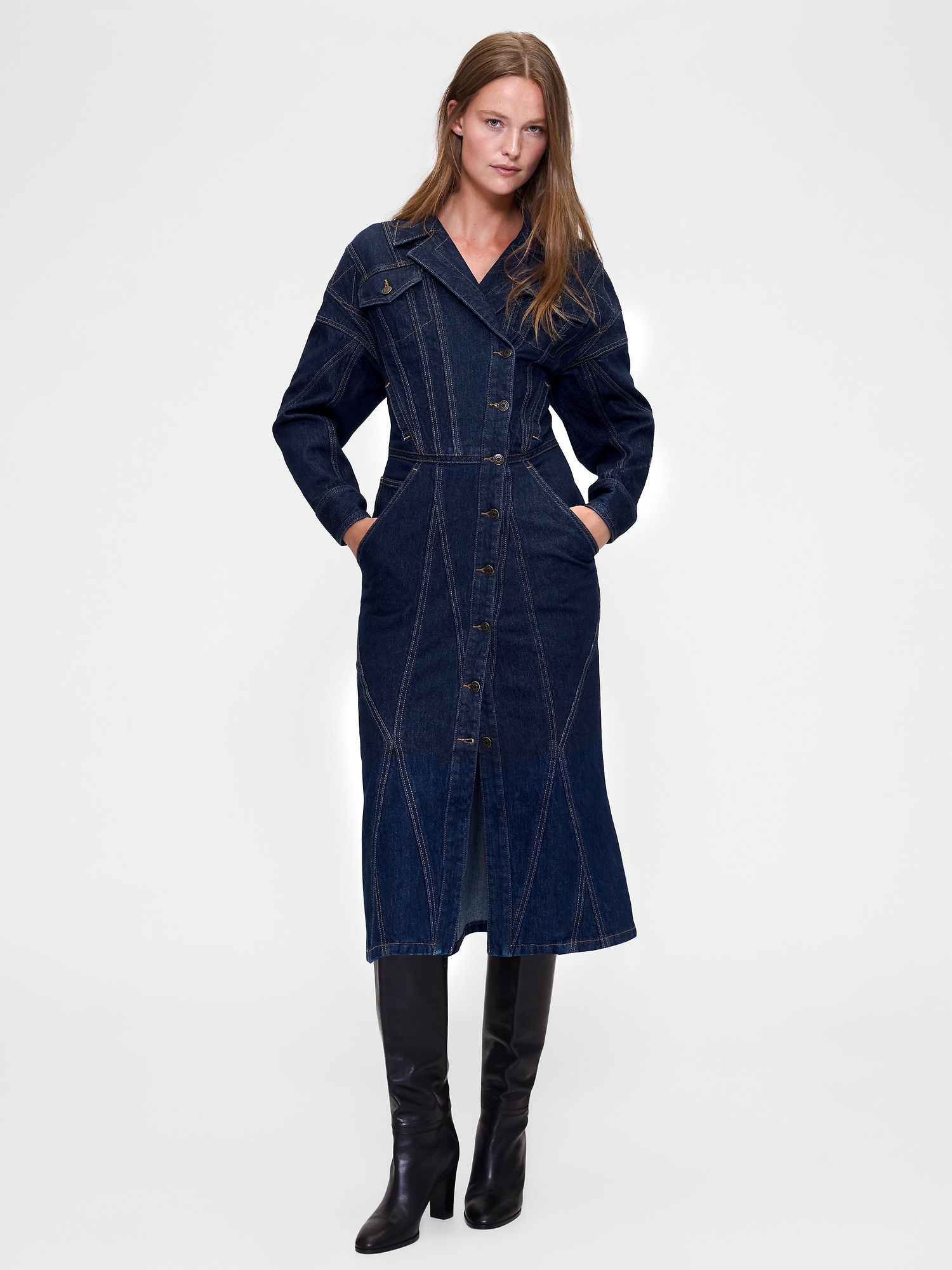 GapStudio Seamed Denim Midi Shirtdress - Dark Indigo Wash