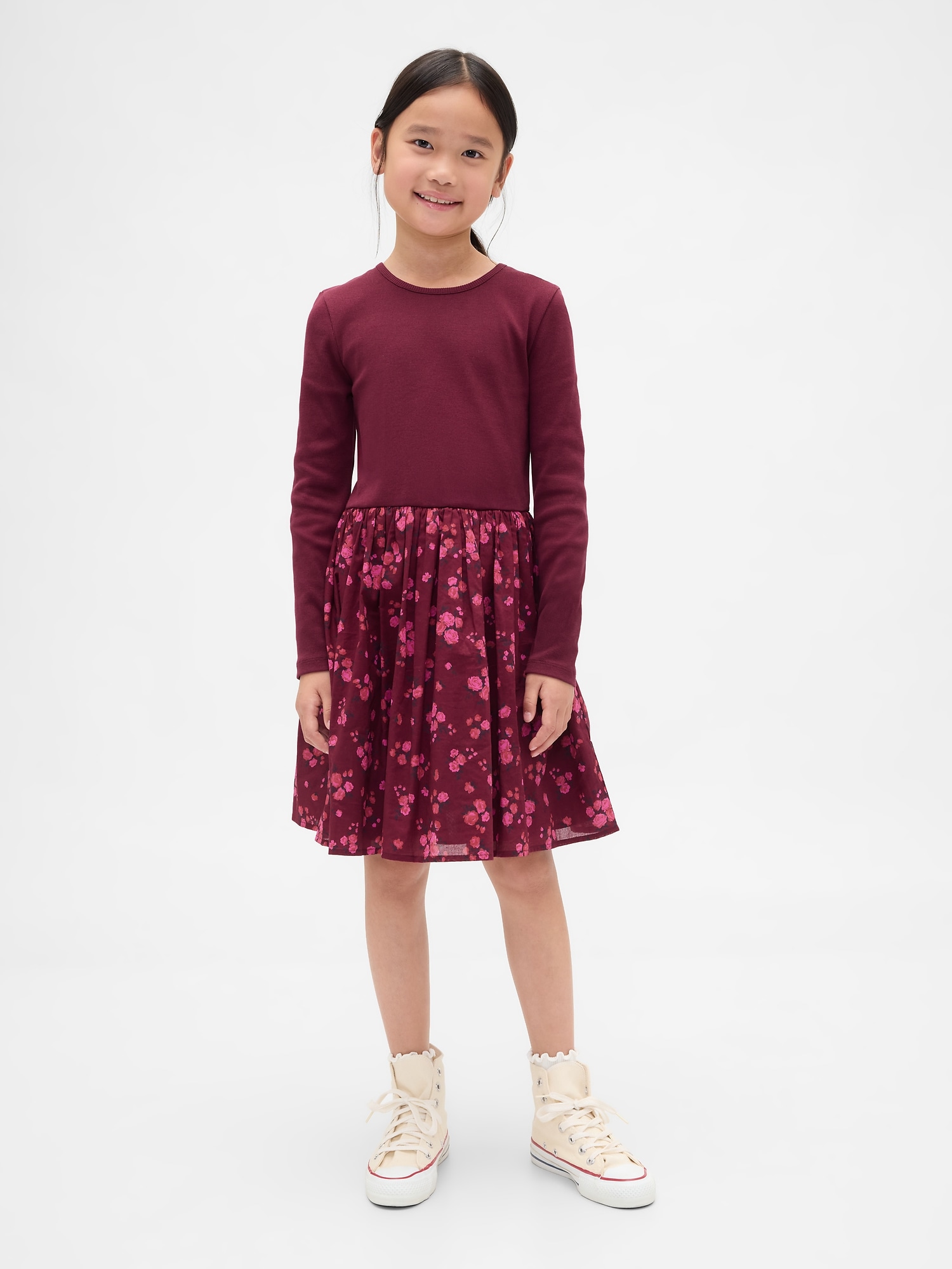 Kids Mixed Media Dress - Burgundy Floral