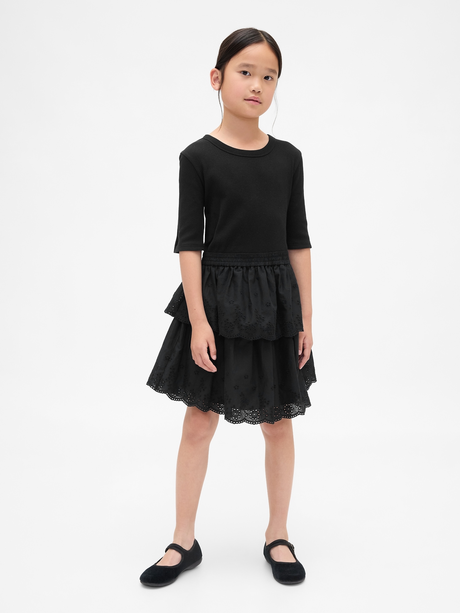 Kids Mixed Media Eyelet Dress - Black