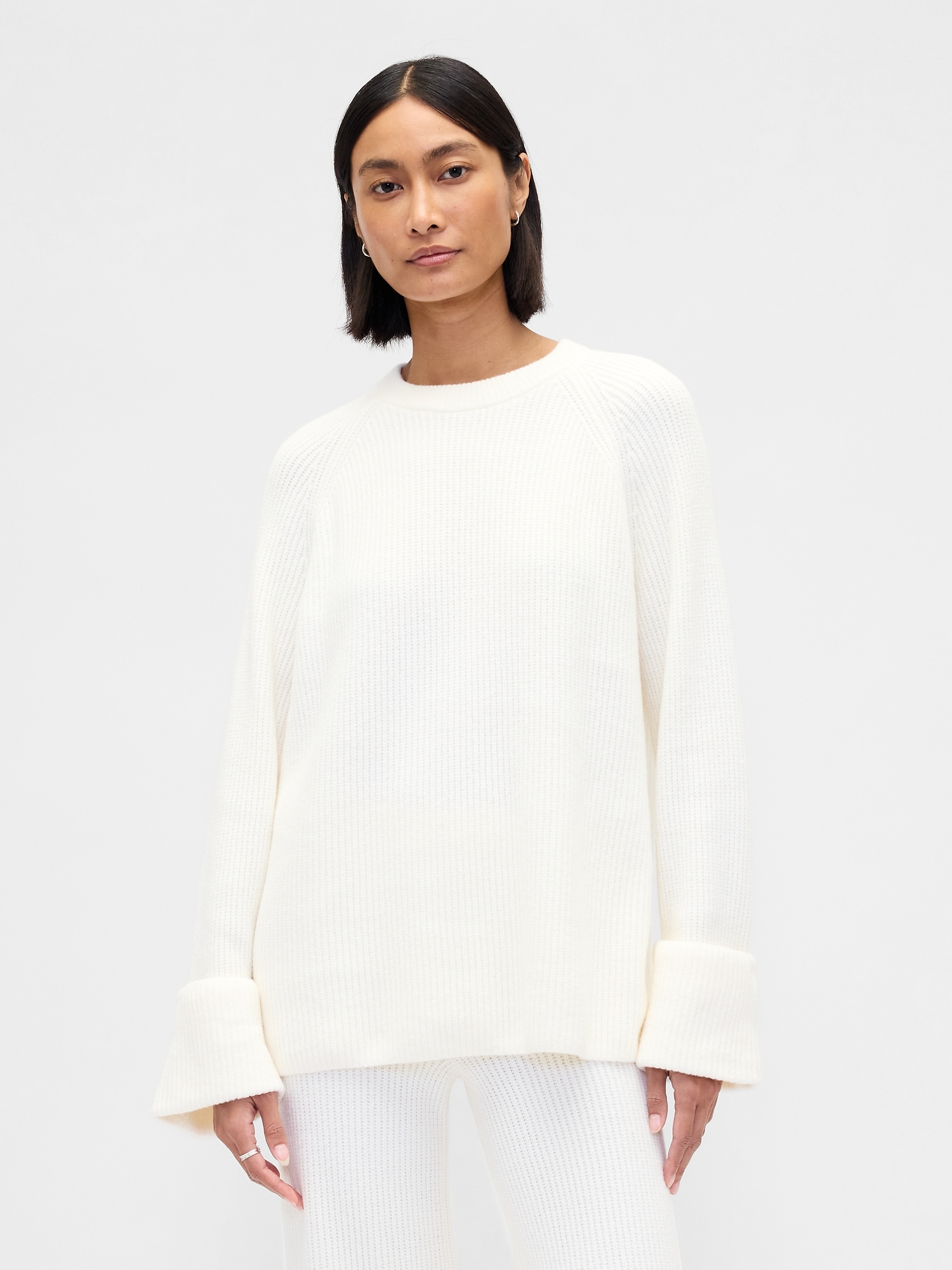CashSoft Shaker-Stitch Boyfriend Sweater - Ivory Beige Frost
