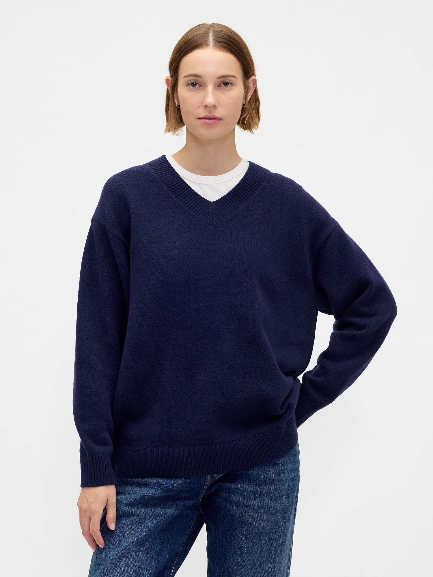 CashSoft Oversized V-Neck Sweater - Dark Navy Blue
