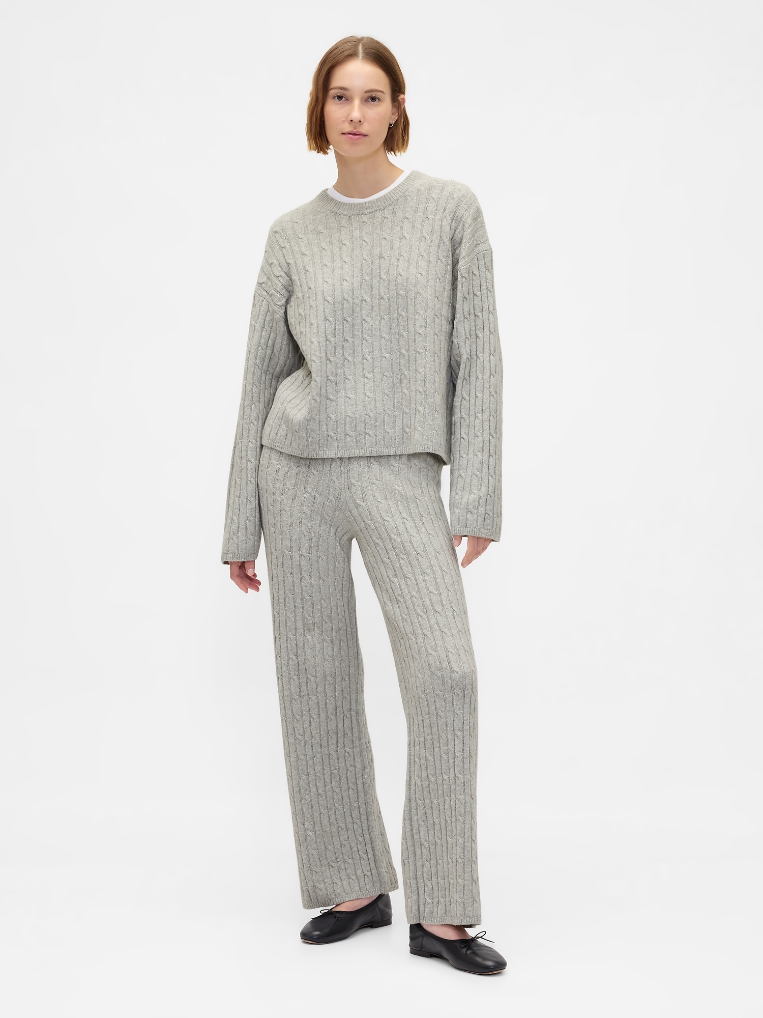 CashSoft Cable-Knit Sweater Pants - Light Heather Gray