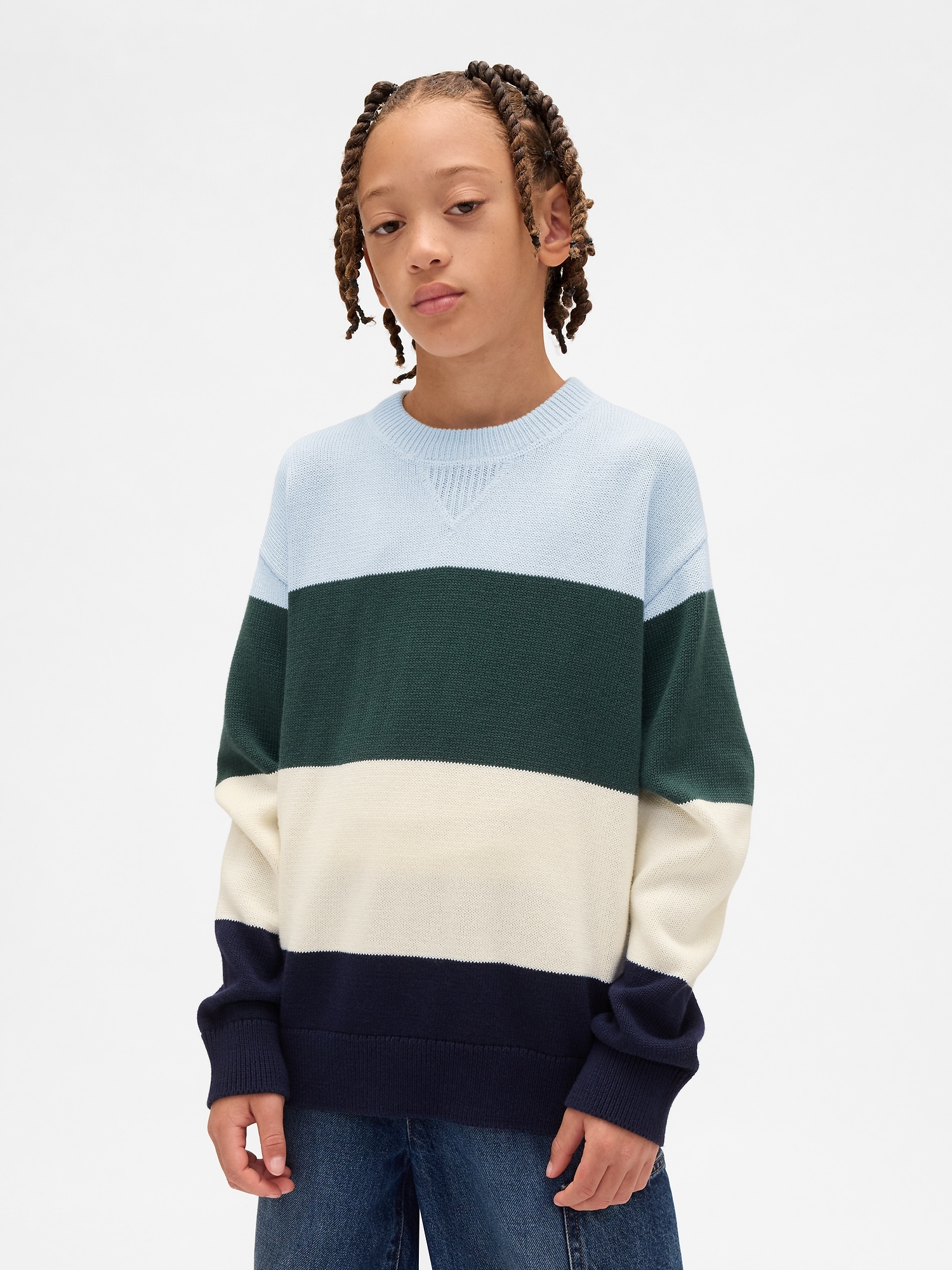 Kids Relaxed Crewneck Sweater - Blue Green Stripe