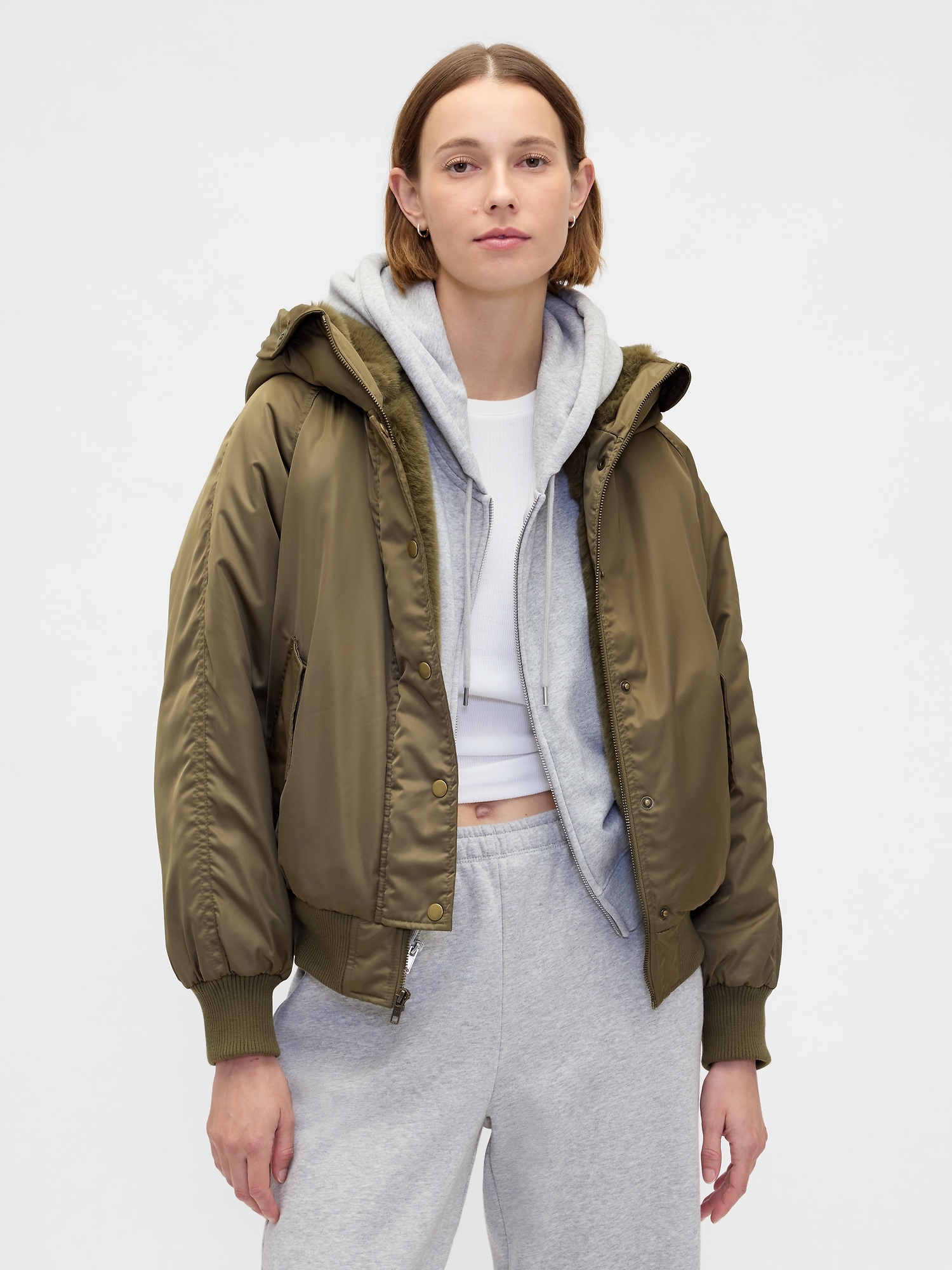 Gap Faux Fur-lined Satin Jacket In Green
