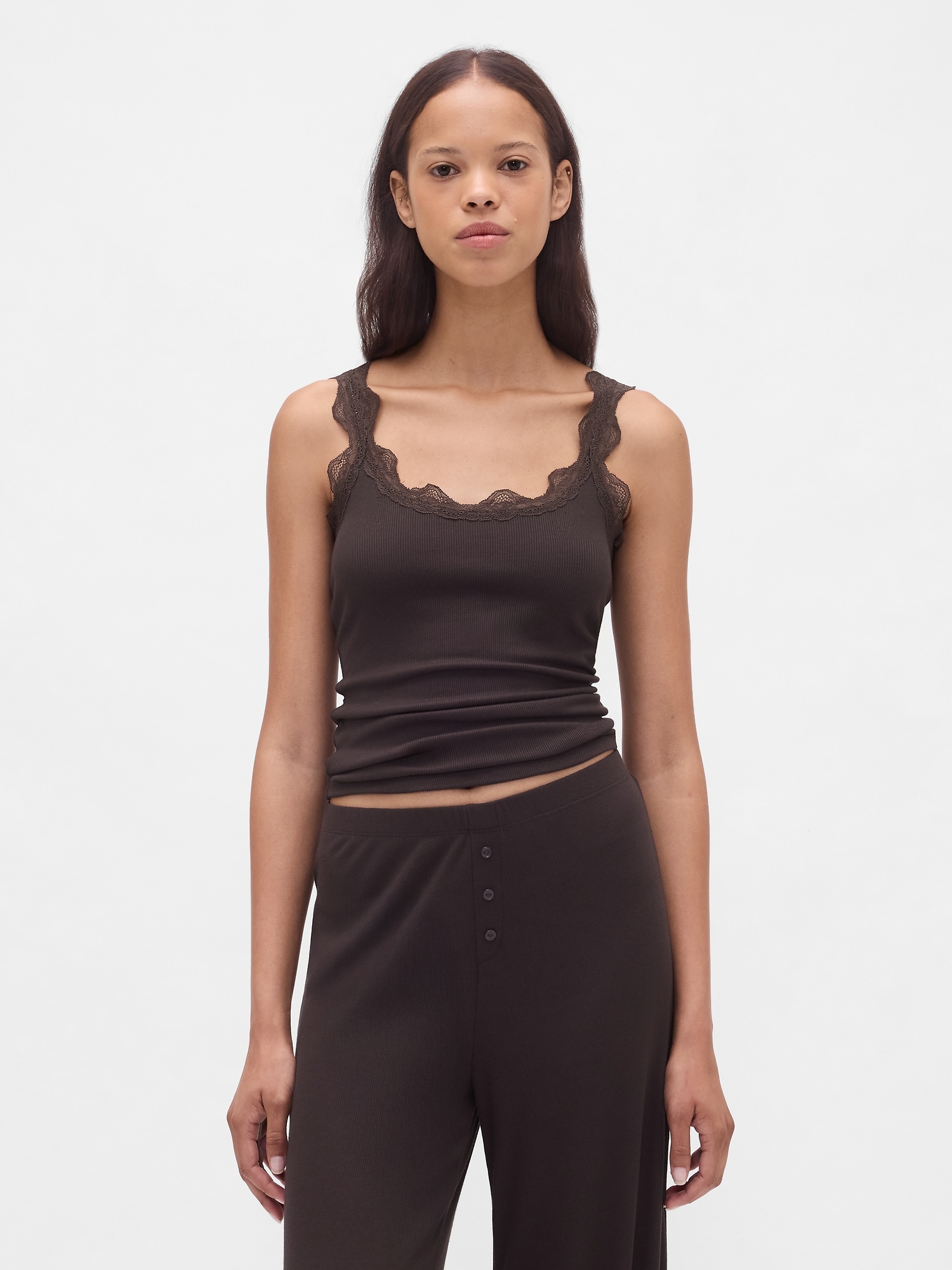 Mini Rib Lace PJ Tank Top - Terra Brown