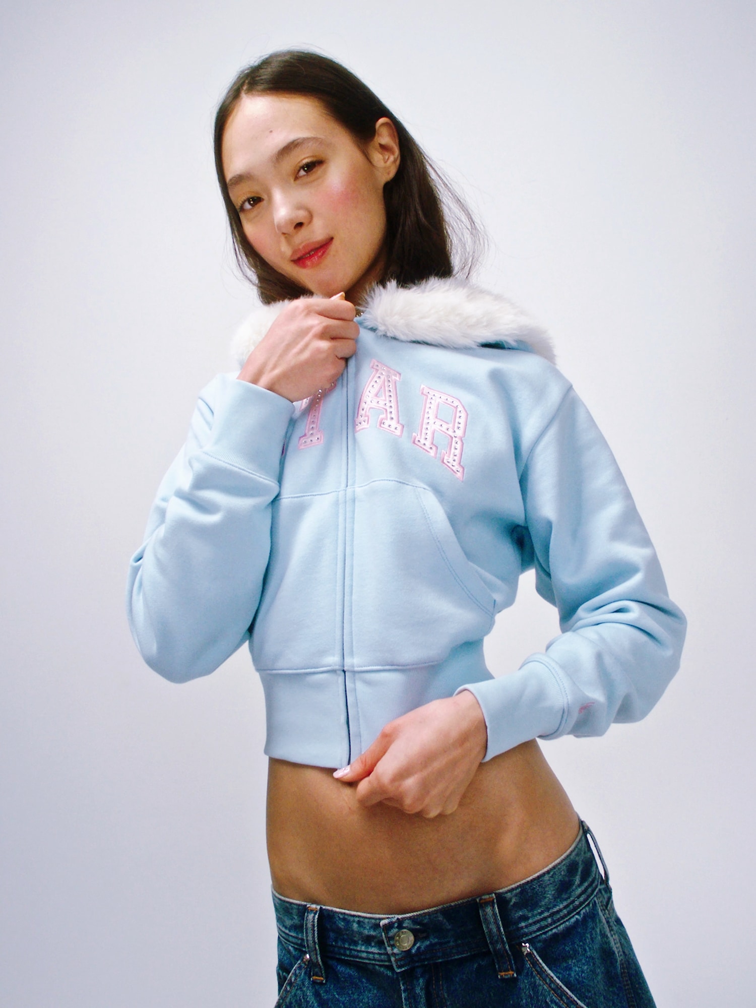 Gap × Sandy Liang Vegan Fur-Trim Crop Zip Hoodie