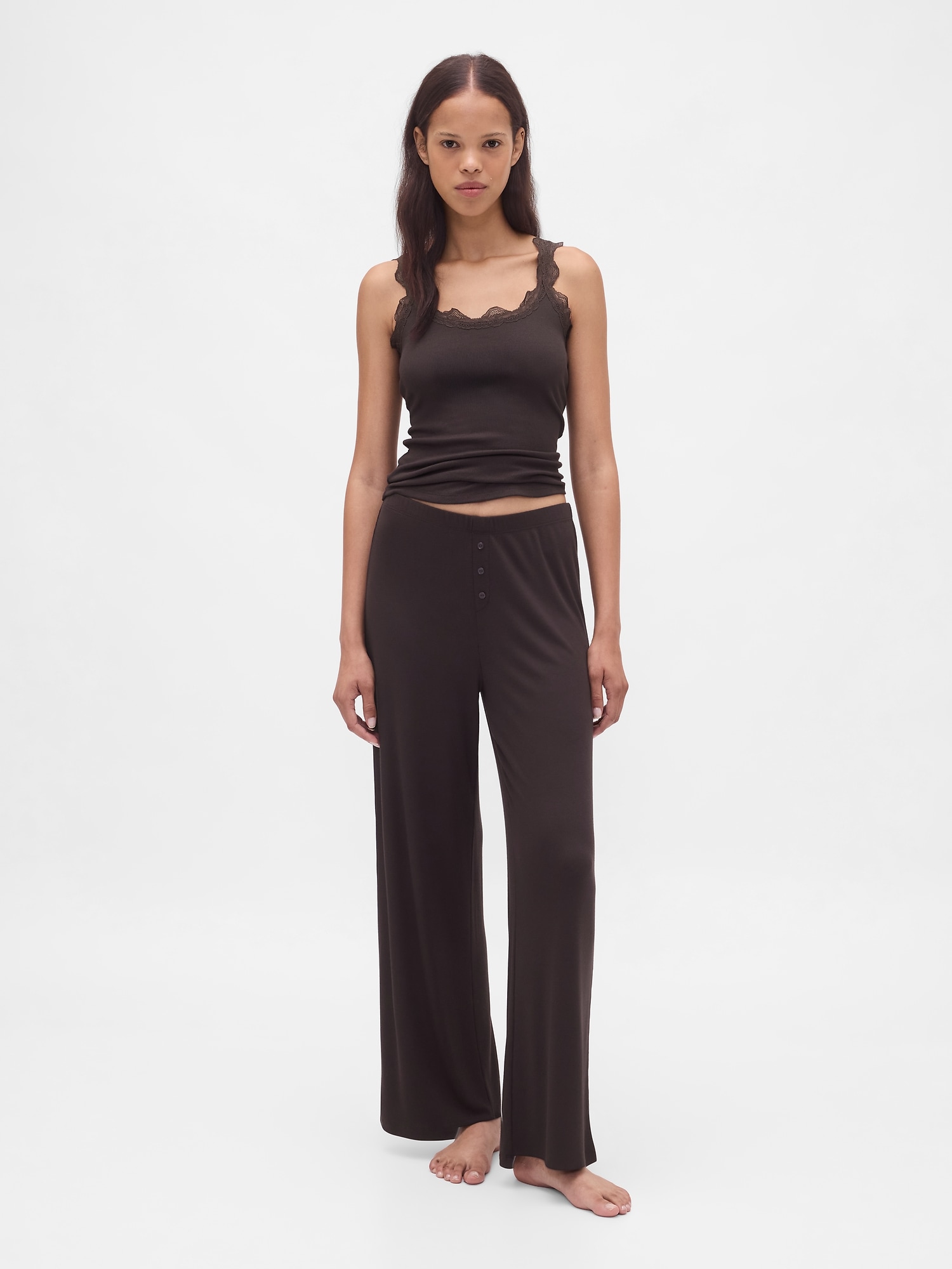 Mini Rib Wide-Leg PJ Pants - Terra Brown