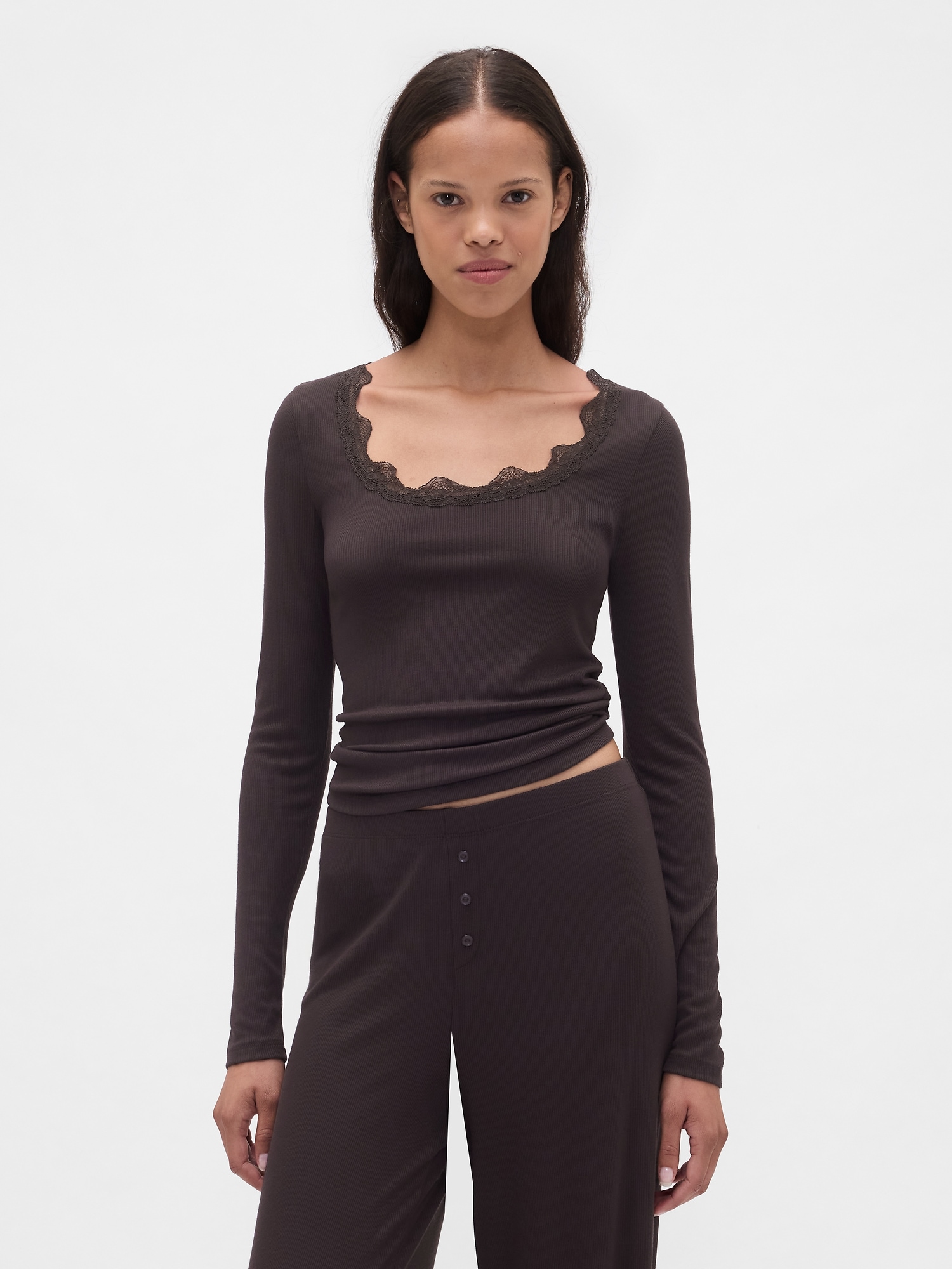 Mini Rib Lace-Trim PJ Top - Terra Brown