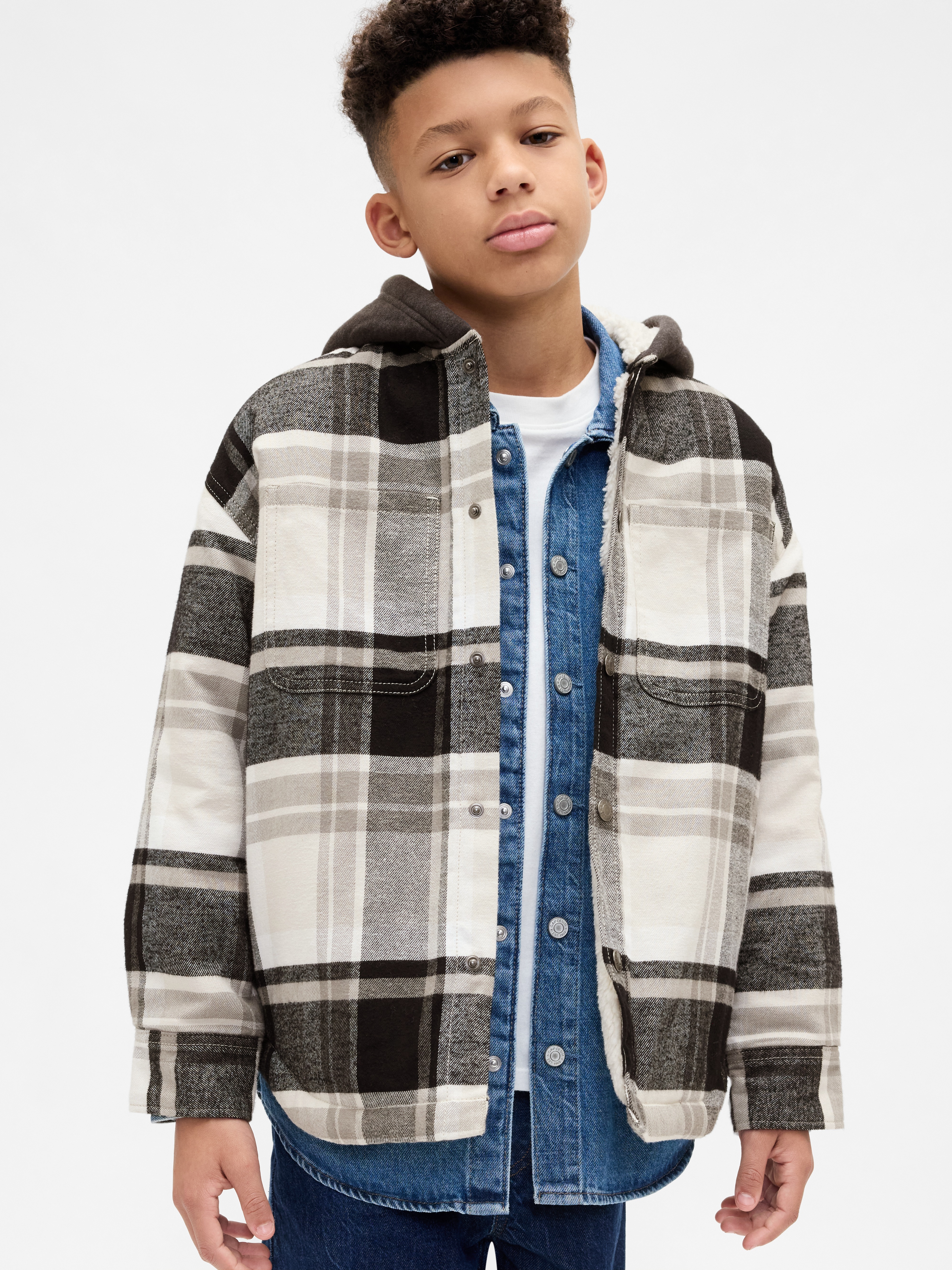 Kids Sherpa-Lined Hooded Flannel Shirt Jacket